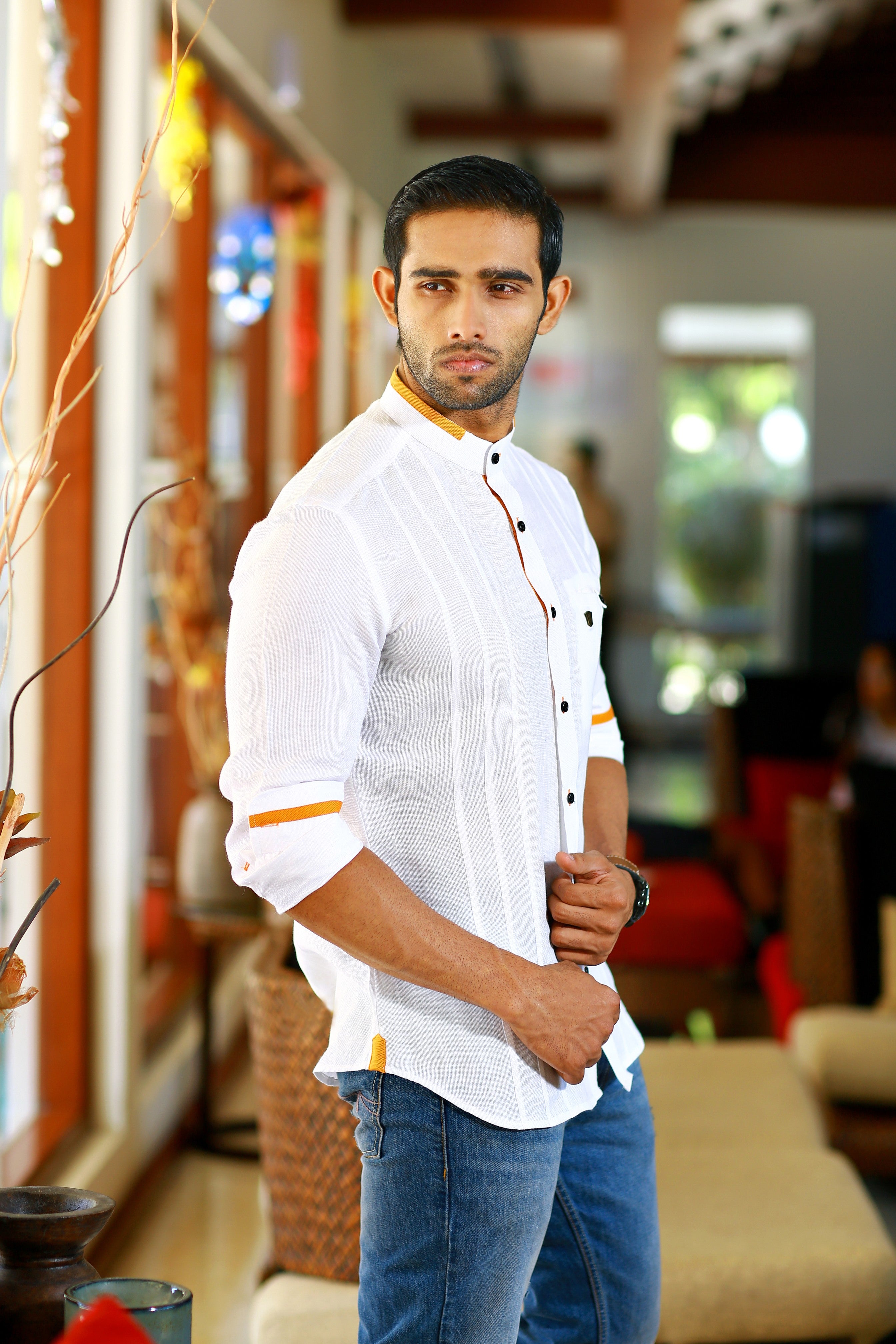 Daisy White Chinese Collar Linen Shirt with Orange Detailing on Neck & Sleeves (Only Shirt)