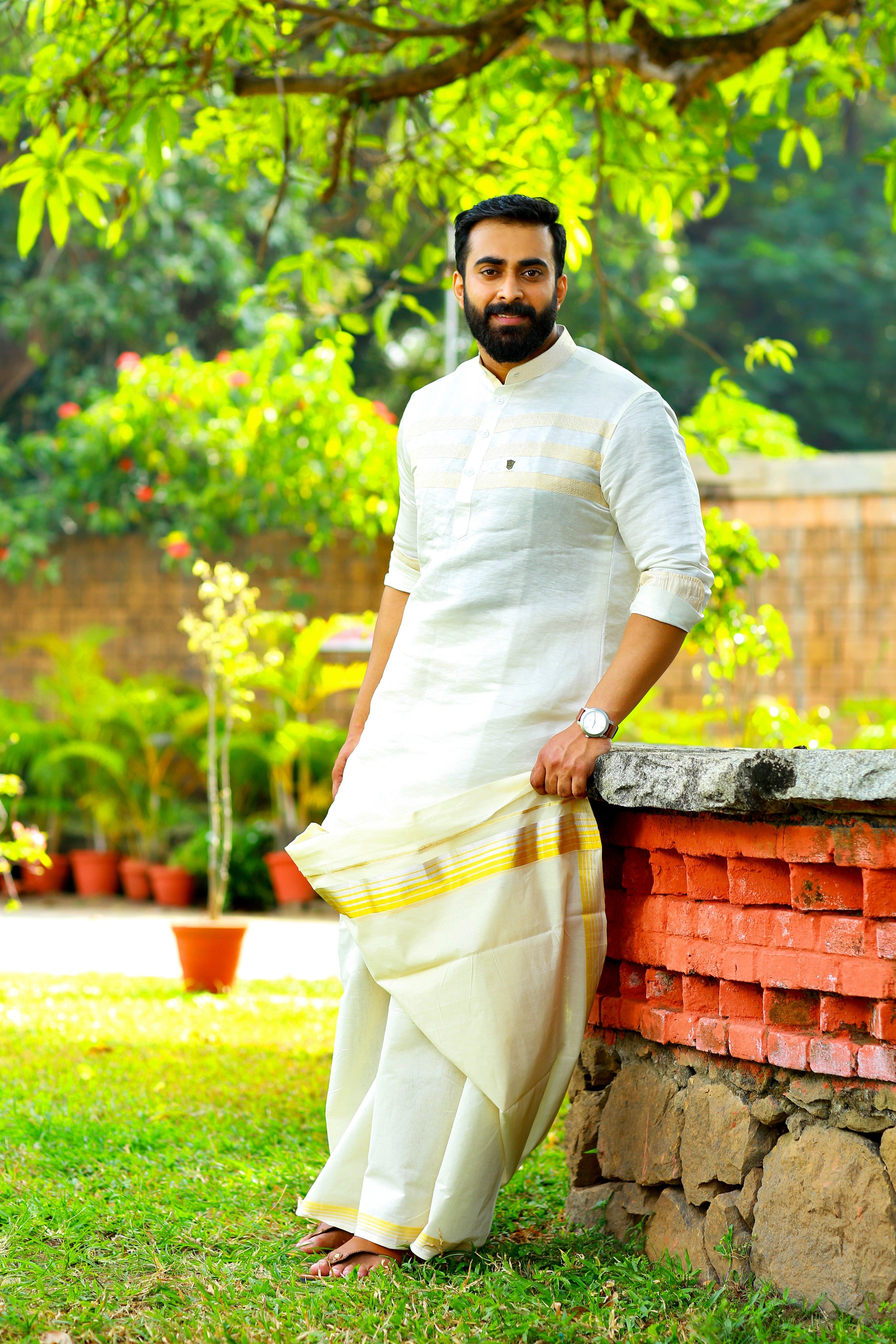 Off White Silk Kurta with Tissue Gold Detailing on Chest (Only Kurta)