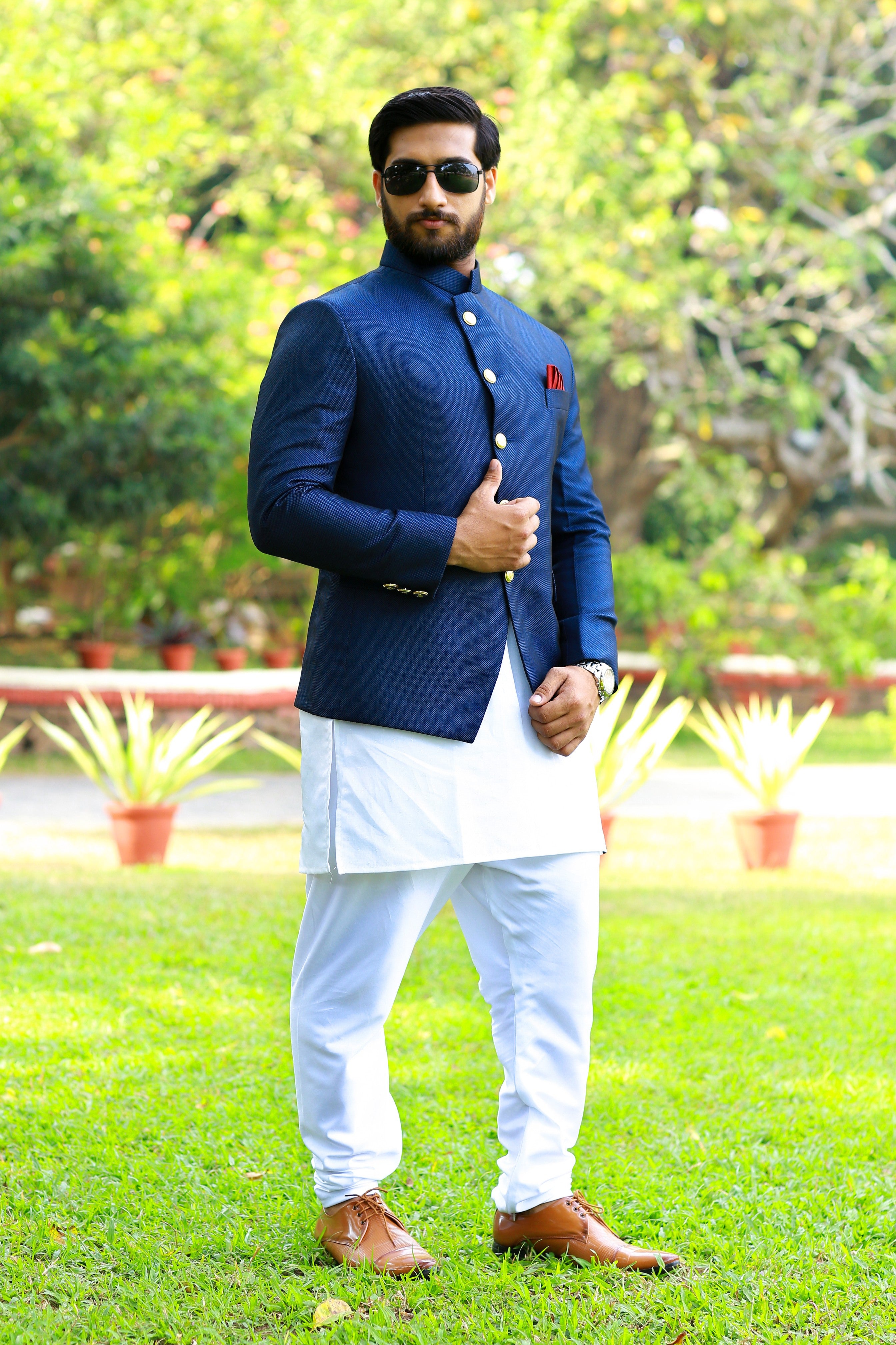 Midnight Blue Indo Western Bandhgala Suit With Thread Handwork Detailing paired with White Kurta &  White Narrow Pants