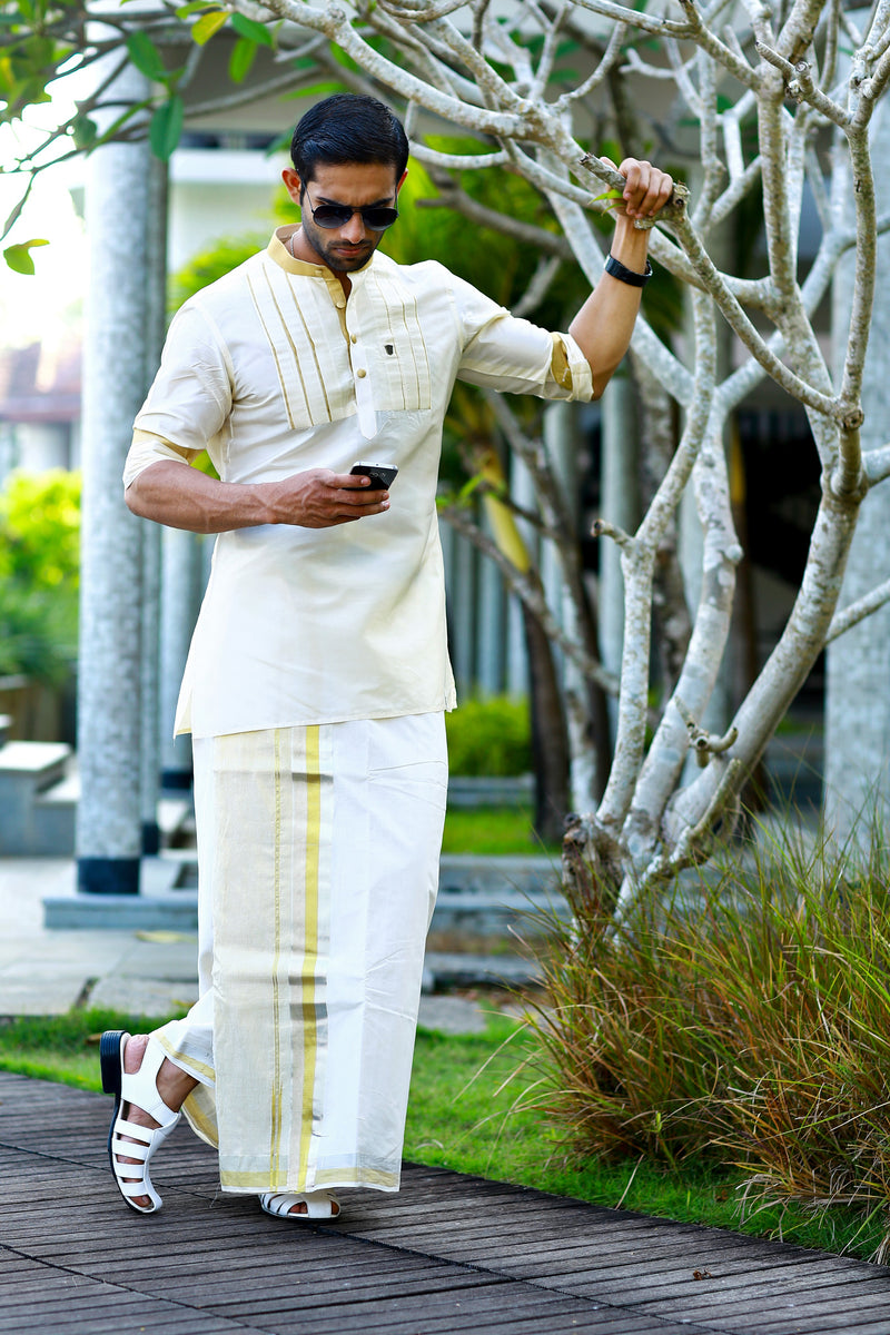 Off White Vertical Pleat Silk Kurta with Golden Zari Detailing on Neck, Placket & Sleeves  (Only Kurta)