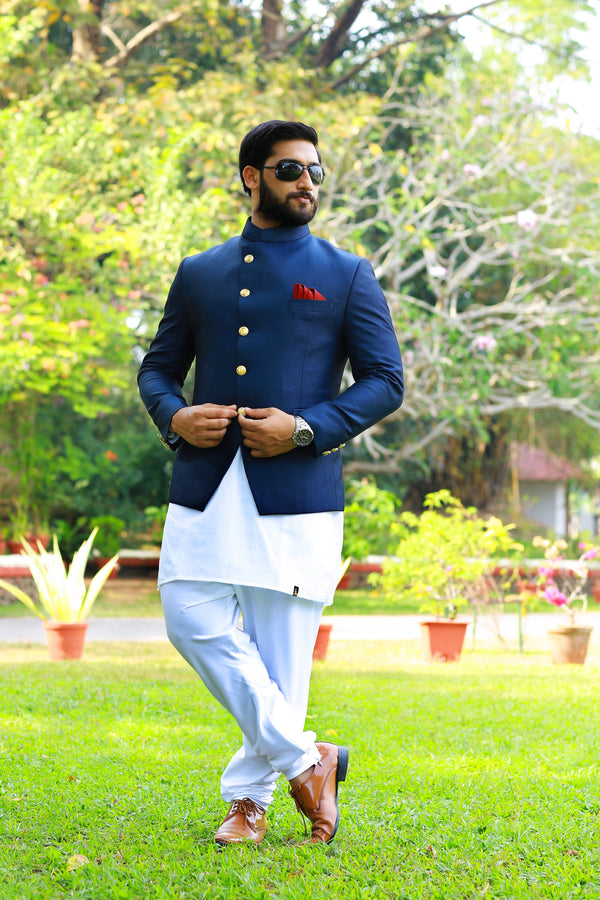 Midnight Blue Indo Western Bandhgala Suit With Thread Handwork Detailing paired with White Kurta &  White Narrow Pants