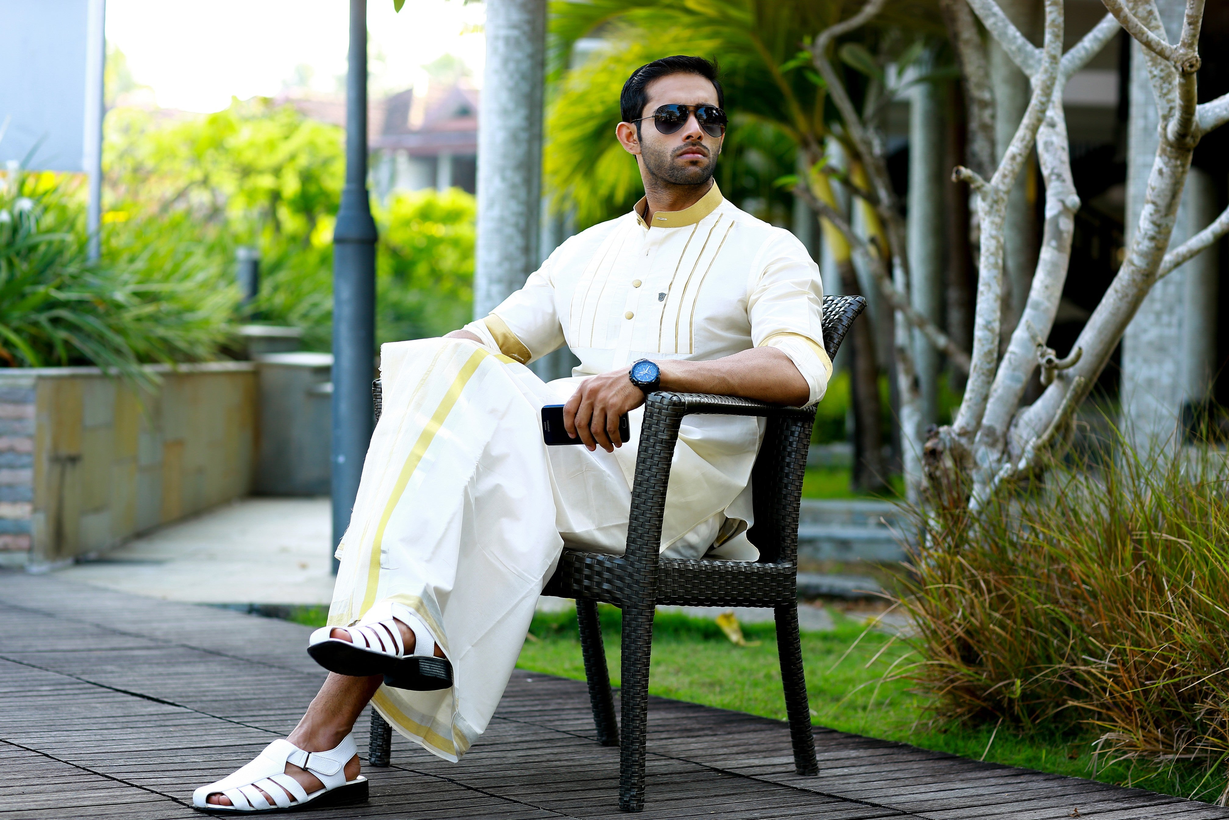 Off White Vertical Pleat Silk Kurta with Golden Zari Detailing on Neck, Placket & Sleeves  (Only Kurta)