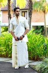 Off White Silk Kurta Set with Golden Zari Detailing on Placket & Sleeves  (Kurta + Kasavu Munde)