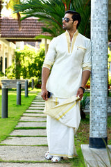 Off White Silk Kurta Set with Golden Zari Detailing on Placket & Sleeves  (Kurta + Kasavu Munde)