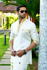 Off White Silk Kurta with Golden Zari Detailing on Placket & Sleeves (Only Kurta)