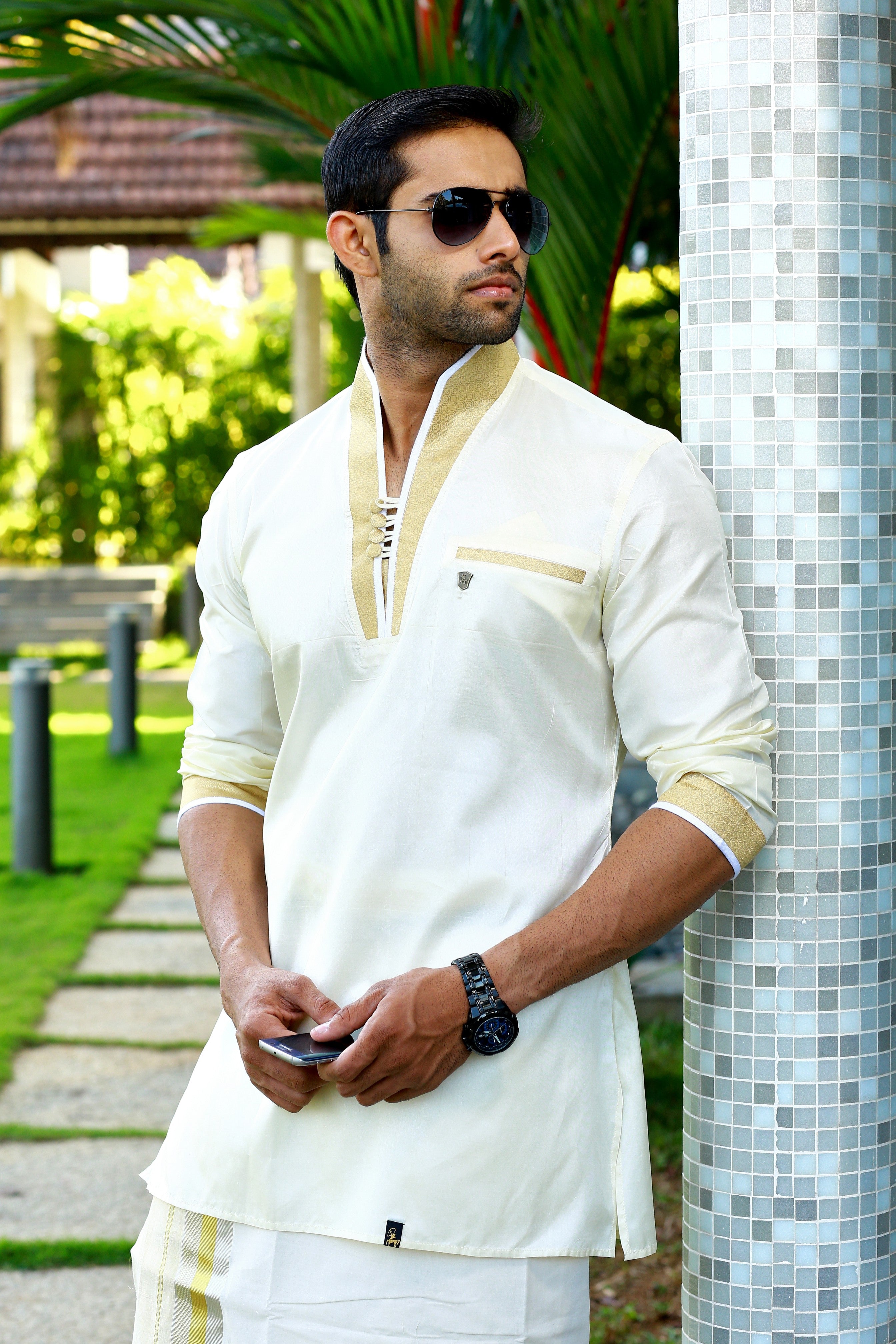 Off White Silk Kurta with Golden Zari Detailing on Placket & Sleeves (Only Kurta)