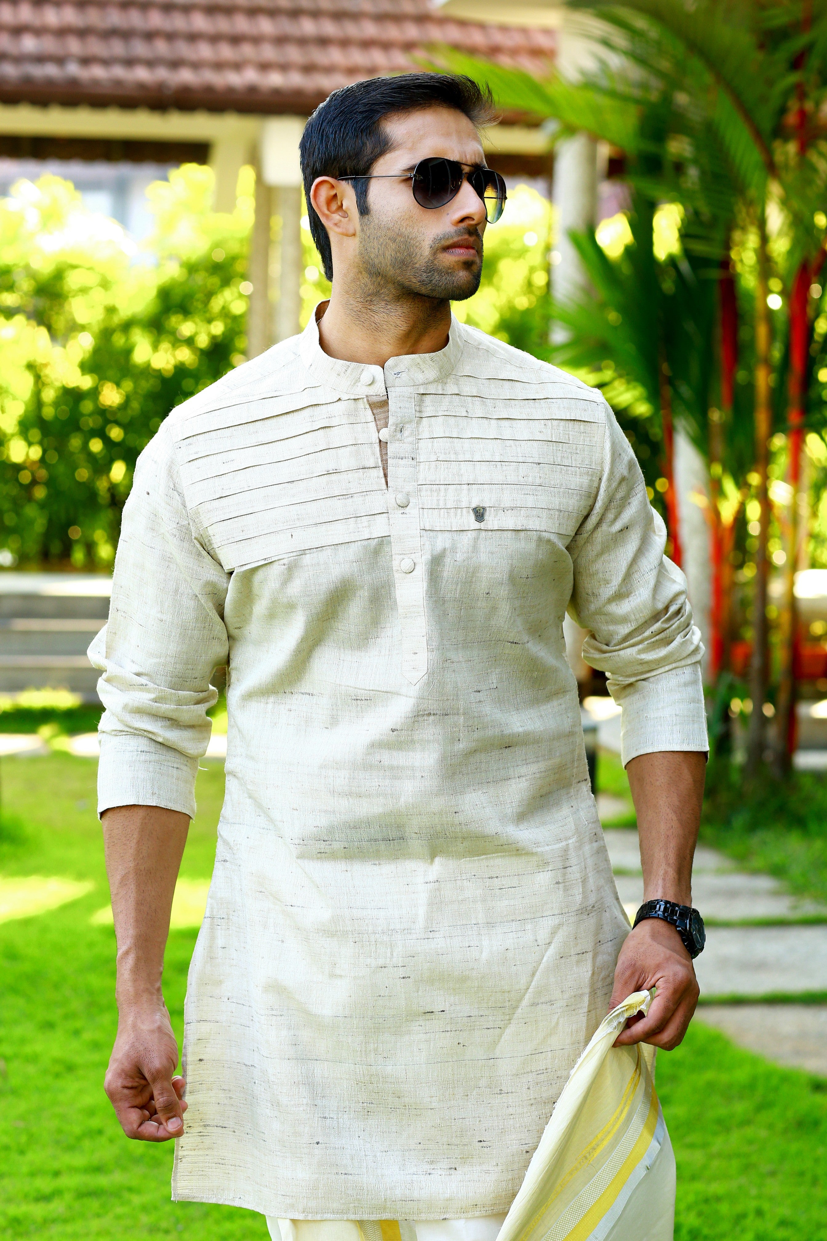 Silk Kurta with  Horizontal Pleat Detailing  (Only Kurta)