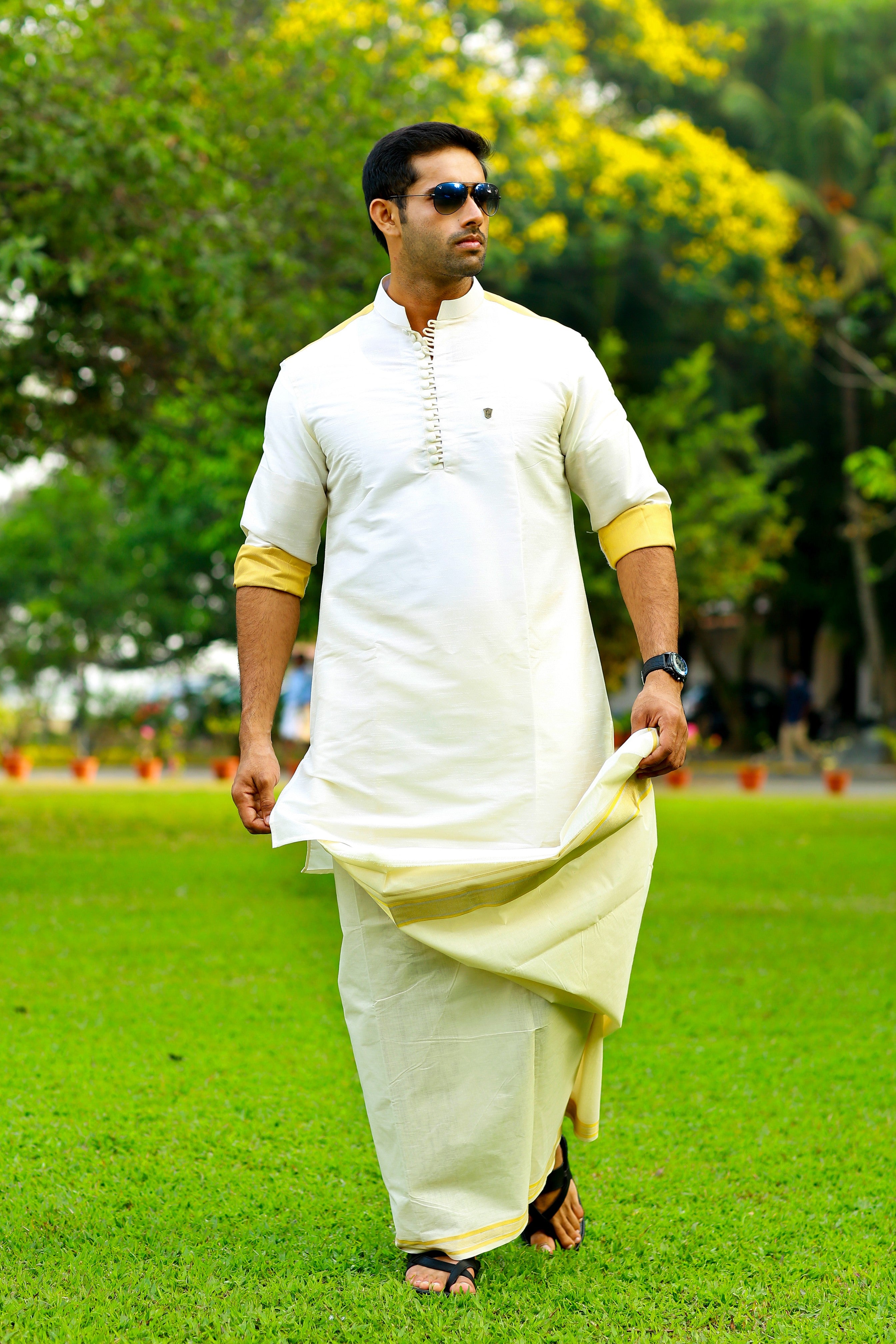 Off White Silk Kurta  With Golden Zari Detailing on Shoulder & Sleeves  (Only Kurta)