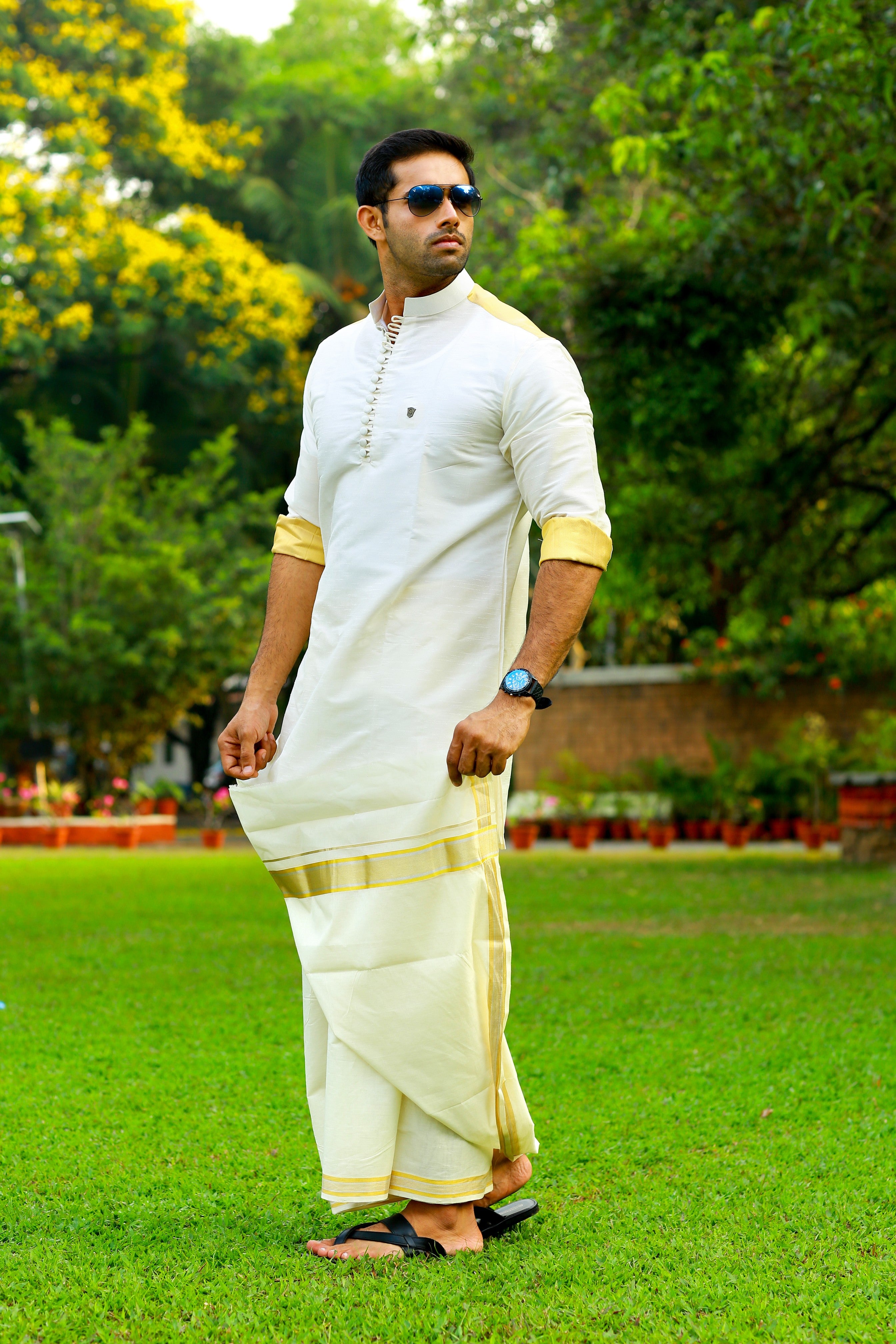 Off White Silk Kurta  With Golden Zari Detailing on Shoulder & Sleeves  (Only Kurta)