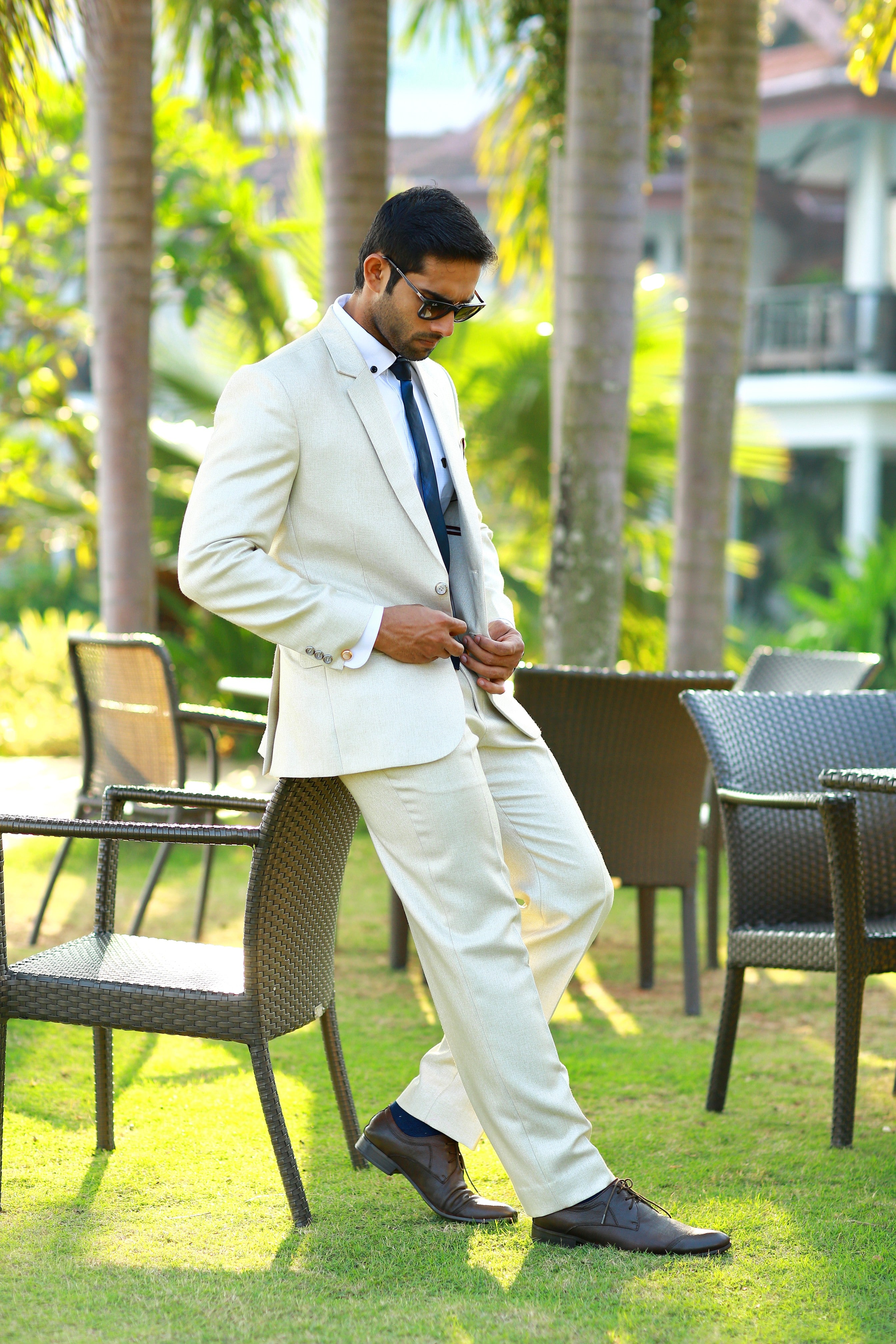 Stone Beige 2 Piece Suit Set with White  Shirt