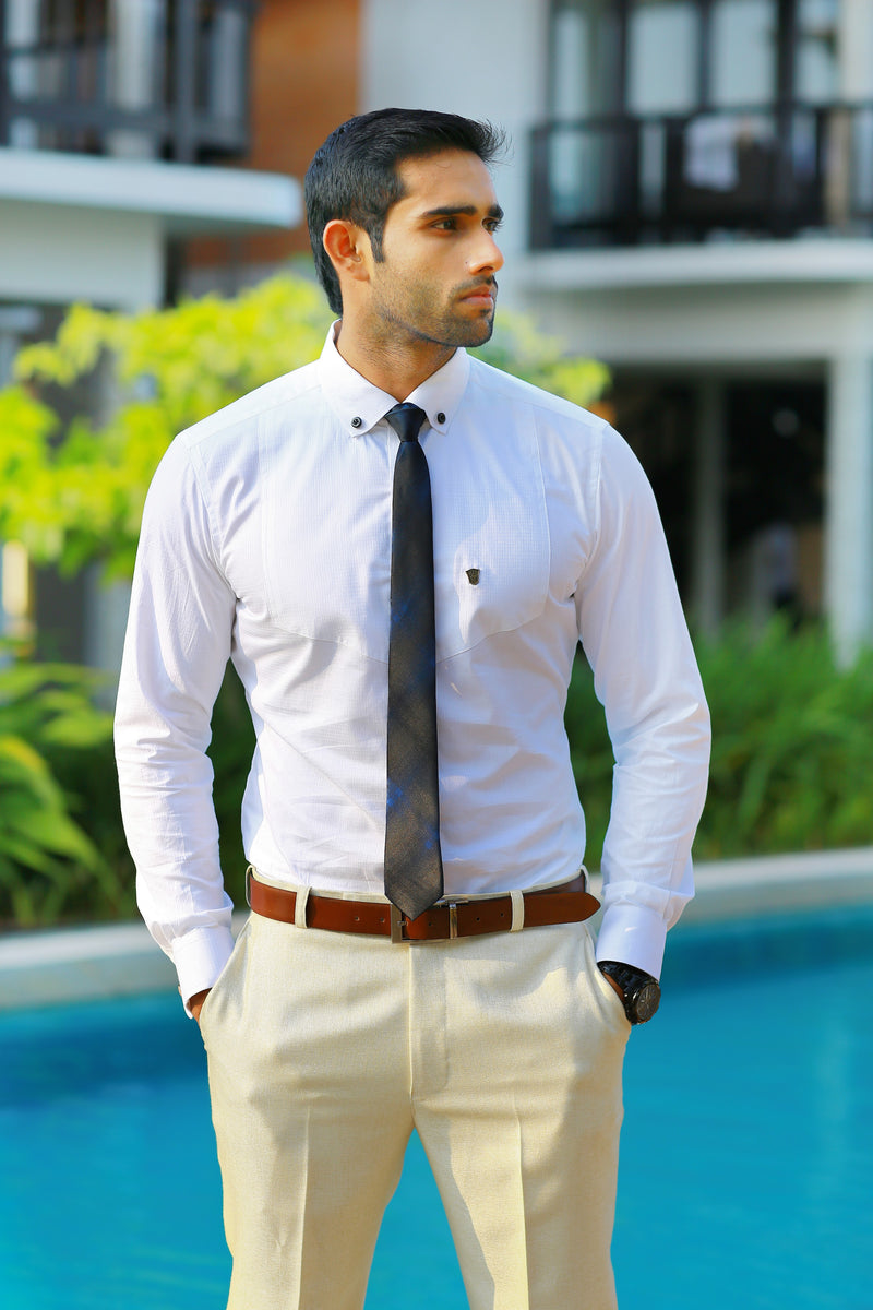 Pearl White Cutaway Collar Shirt with Self Detailing on Chest (Only Shirt)