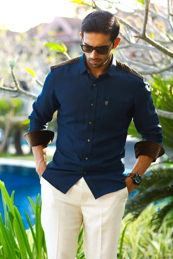 Oxford Blue Linen Shirt With Brown Velvet Detailing on Shoulder & Sleeves (Shirt + Beige Pants)