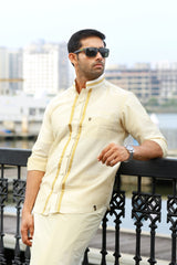 Off White Dotted Silk Chinese Collar Shirt with Gold Zari Detailing (Shirt + Kasavu Munde )