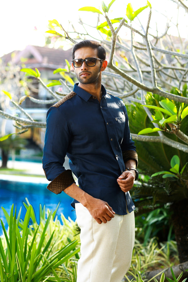 Oxford Blue Linen Shirt With Brown Velvet Detailing on Shoulder & Sleeves (Shirt + Beige Pants)