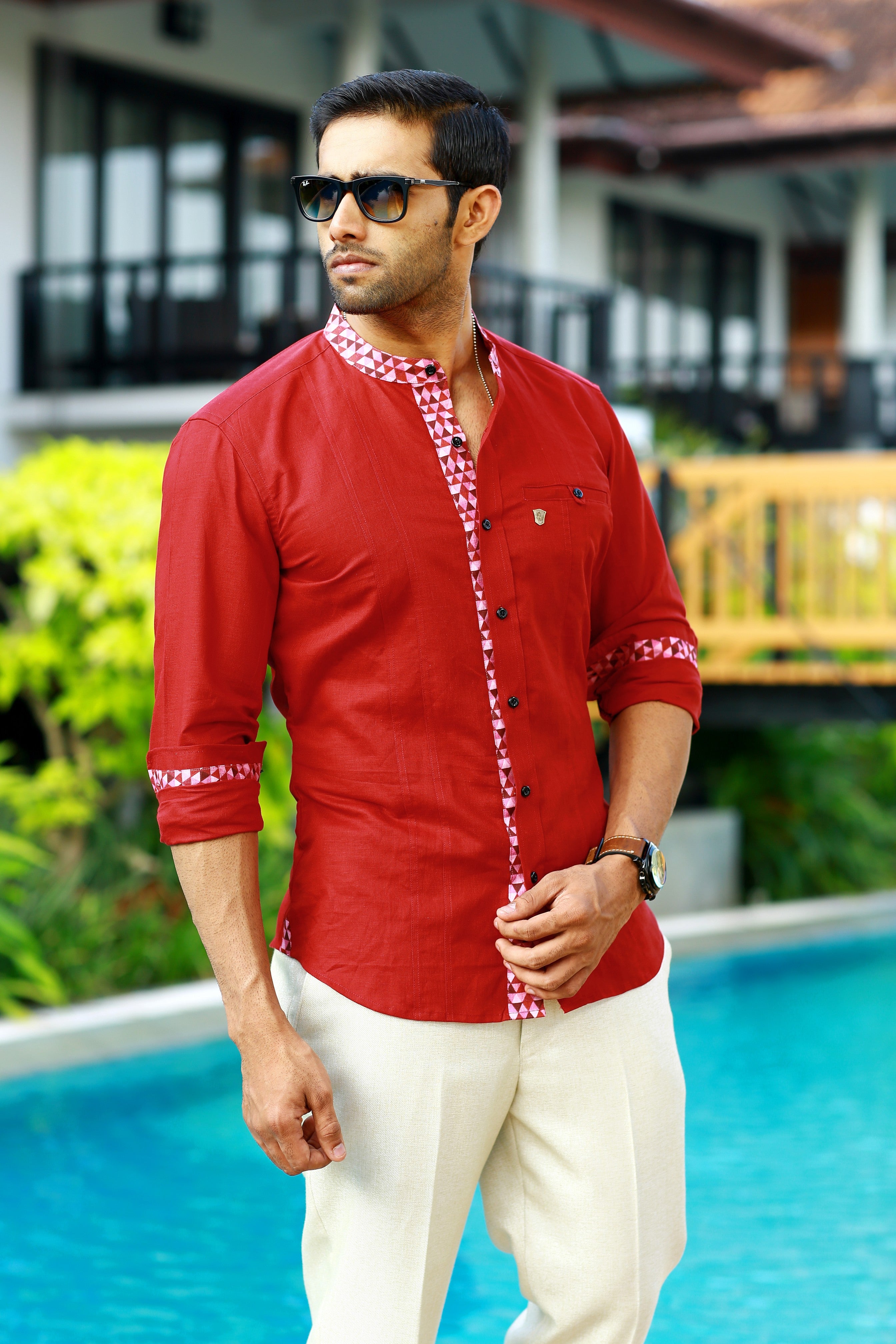 Ruby Red Linen Shirt With Print Detailing on Neck, Sleeve & Placket (Only Shirt)