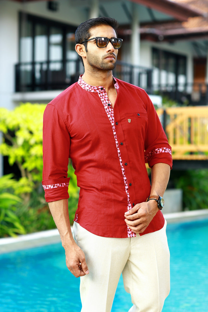 Ruby Red Linen Shirt With Print Detailing on Neck, Sleeve & Placket (Only Shirt)