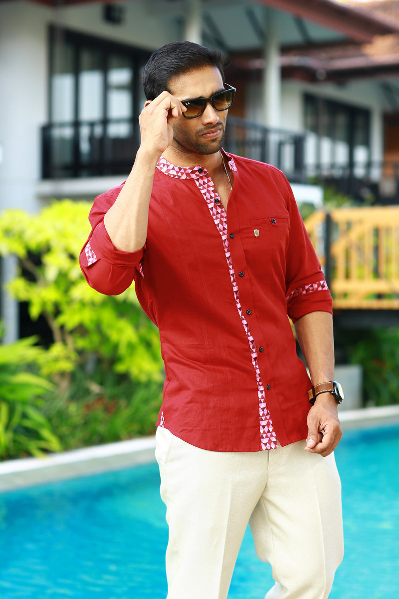 Ruby Red Linen Shirt With Print Detailing on Neck, Sleeve & Placket (Only Shirt)