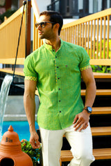 Kelly Green Irish Linen Short Sleeve Shirt with Print Detailing on Sleeve, Placket & Neck (Only Shirt)
