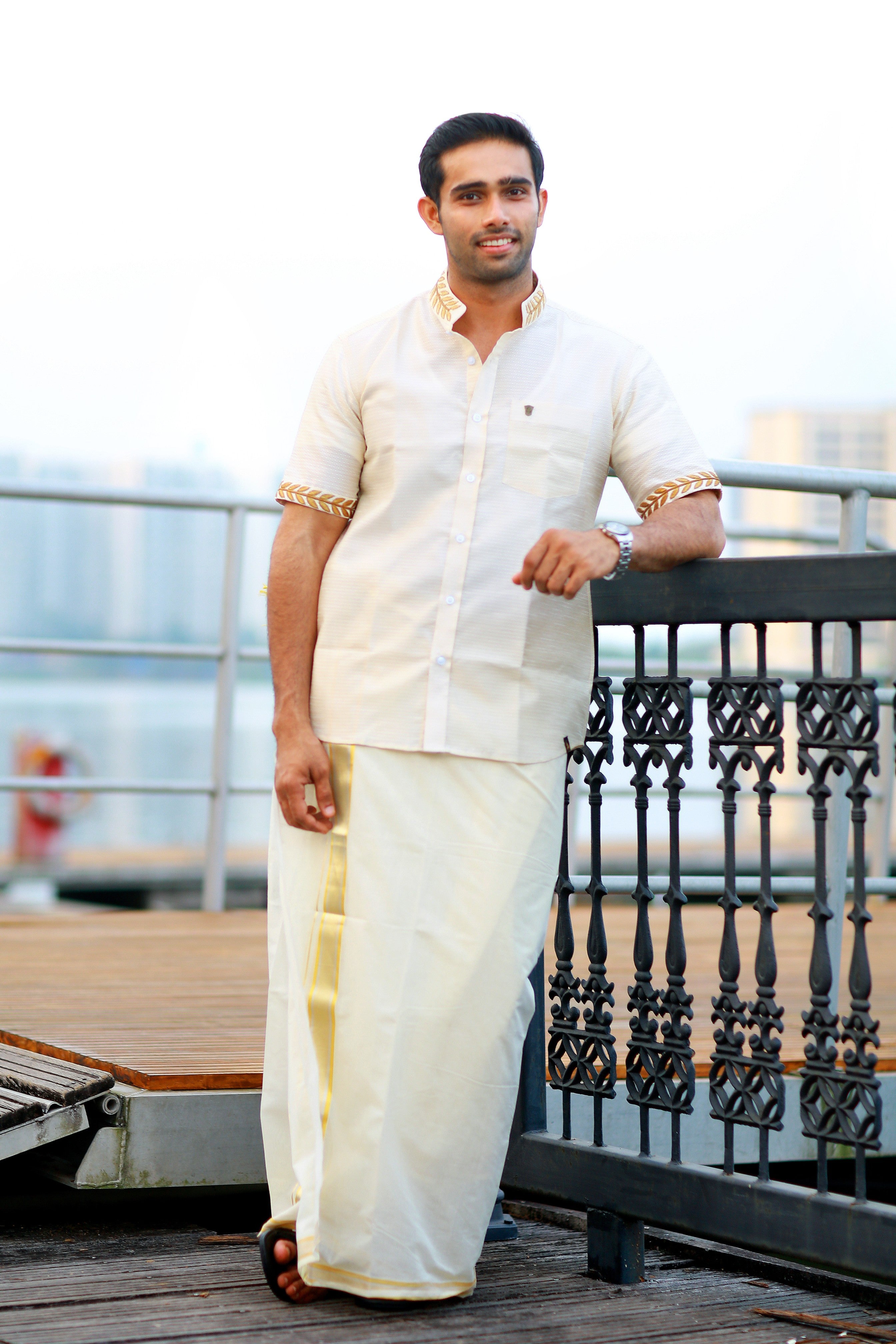 Off White Dotted Silk Chinese Collar Shirt with Gold Zari Detailing & Handwork Embroidery on Neck & Sleeves (Shirt Only)