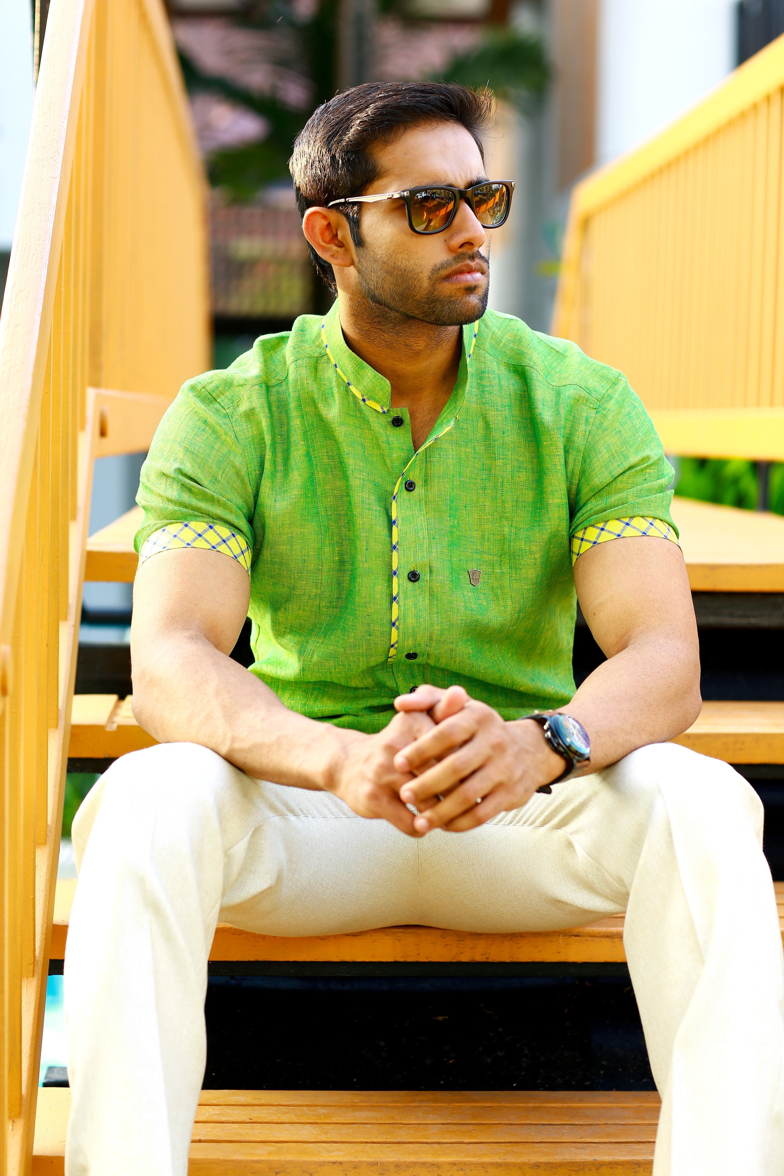 Kelly Green Irish Linen Short Sleeve Shirt with Print Detailing on Sleeve, Placket & Neck (Only Shirt)