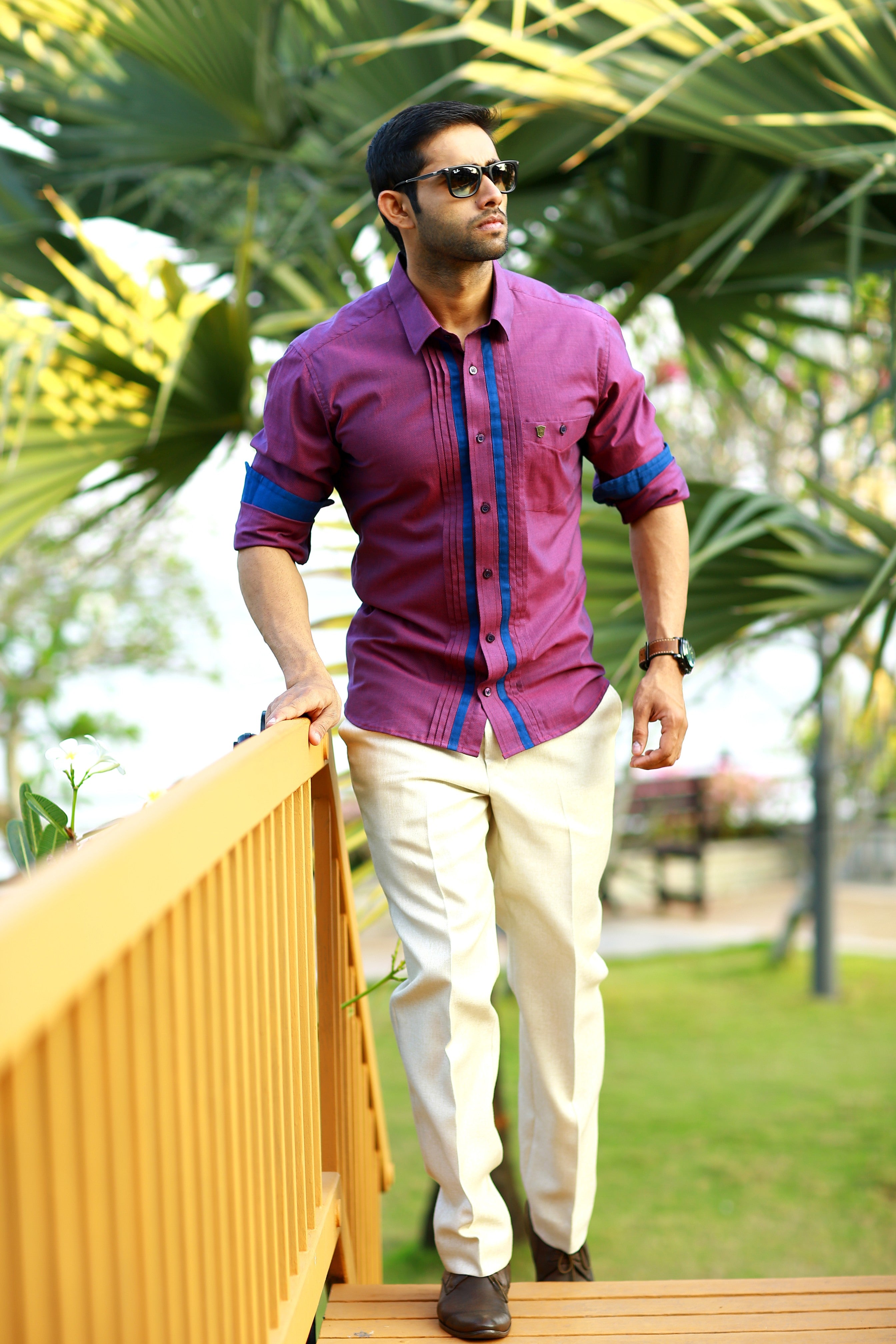 Sangria Purple Shirt wIth Blue  Detailing on placket & Sleeves  (Only Shirt)