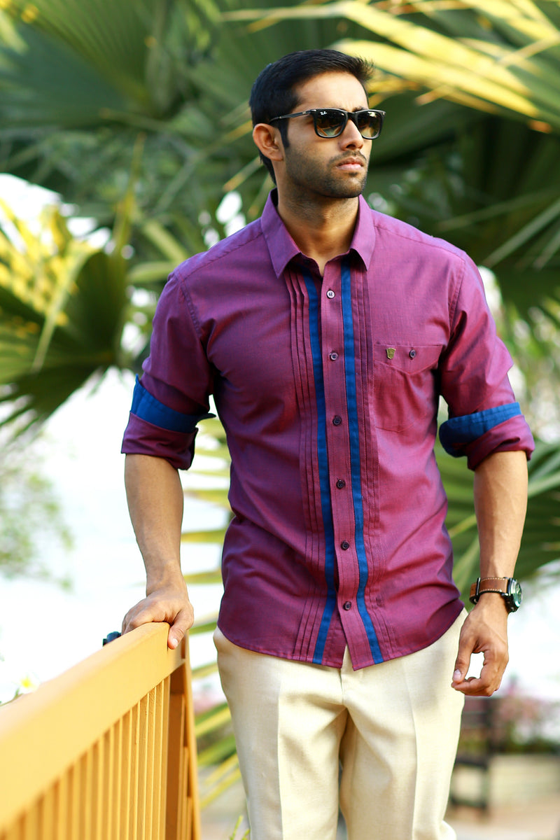 Sangria Purple Shirt wIth Blue  Detailing on placket & Sleeves  (Shirt + Beige Pants)