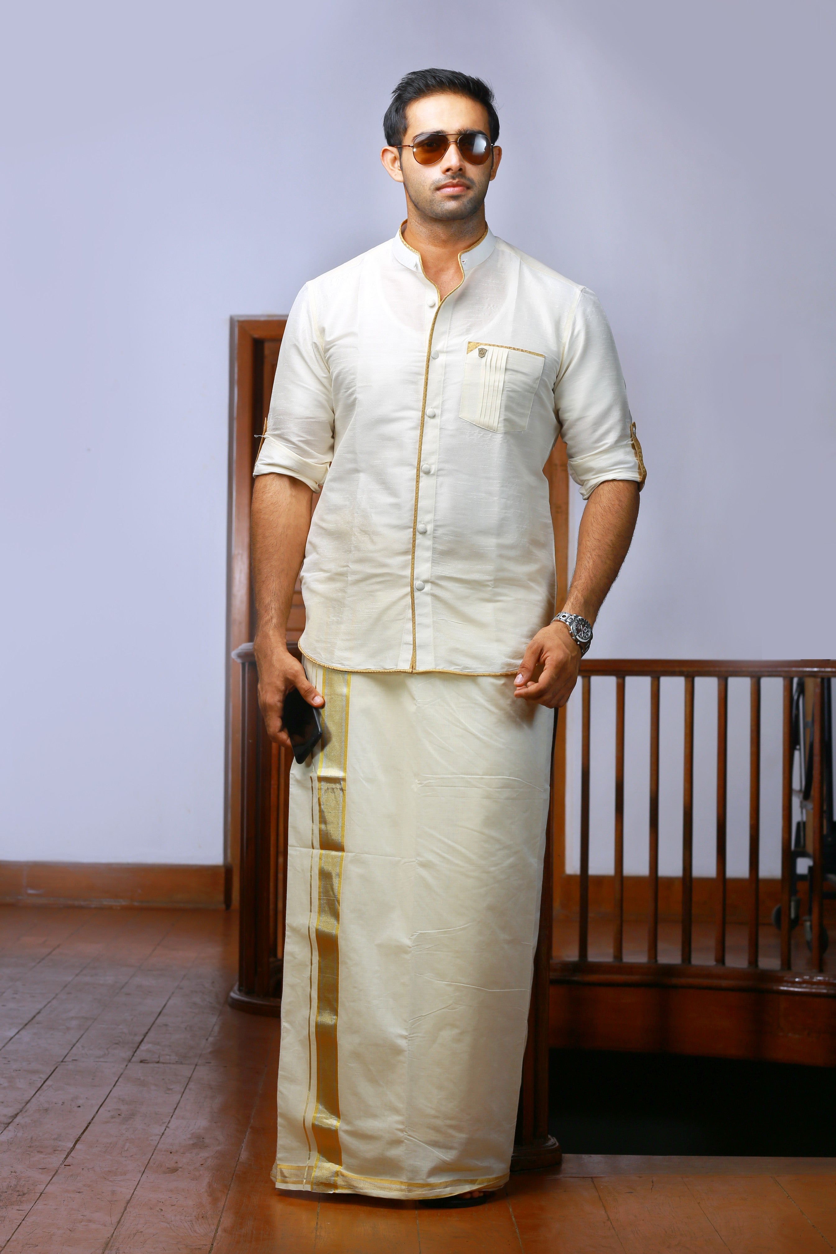 Off White Plain Silk Chinese Collar Shirt with Gold Zari Detailing (Shirt Only)