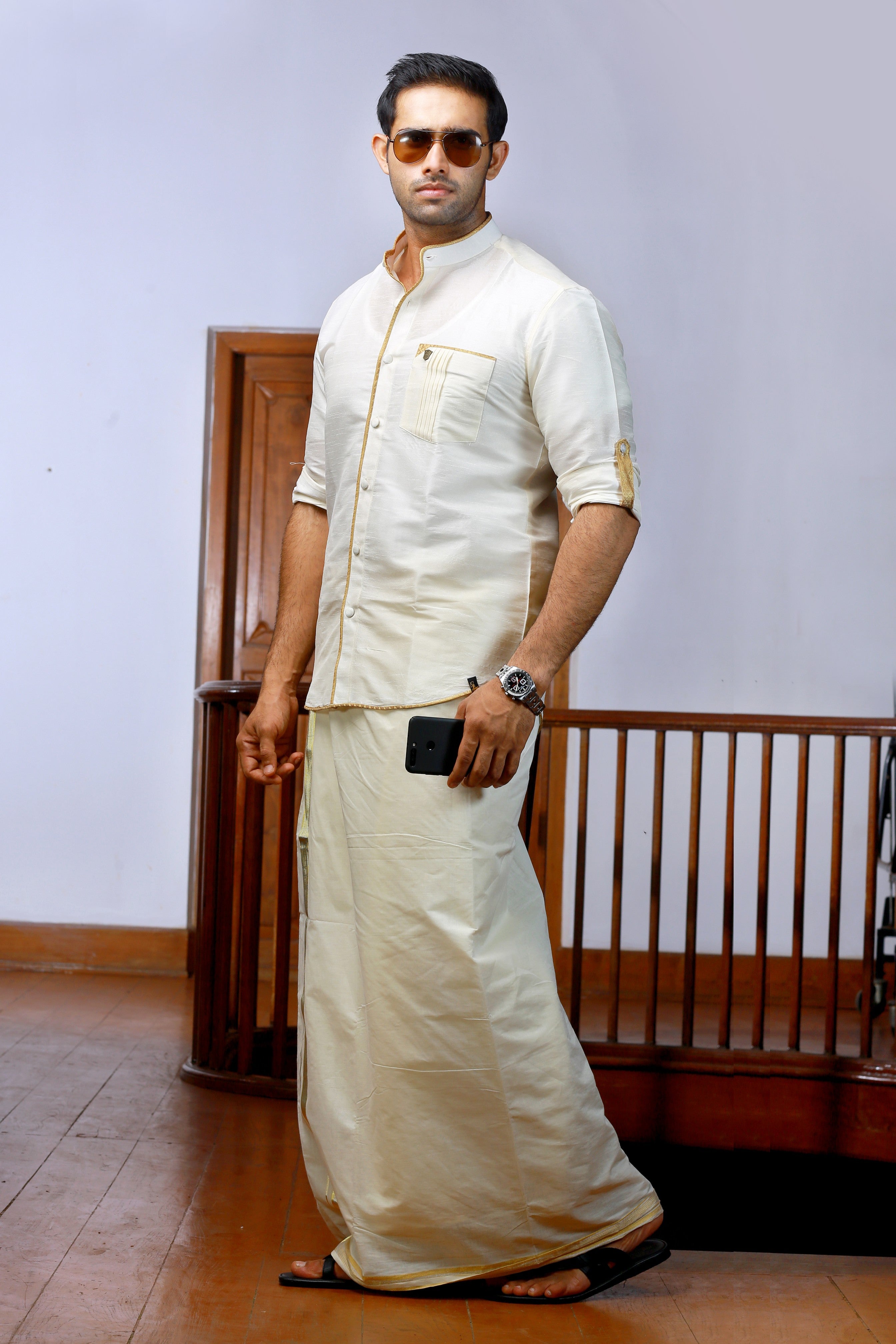 Off White Plain Silk Chinese Collar Shirt with Gold Zari Detailing (Shirt Only)