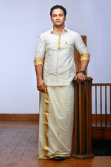 Off White Plain Silk Cutaway Collar Shirt with Gold Zari Detailing (Shirt Only)