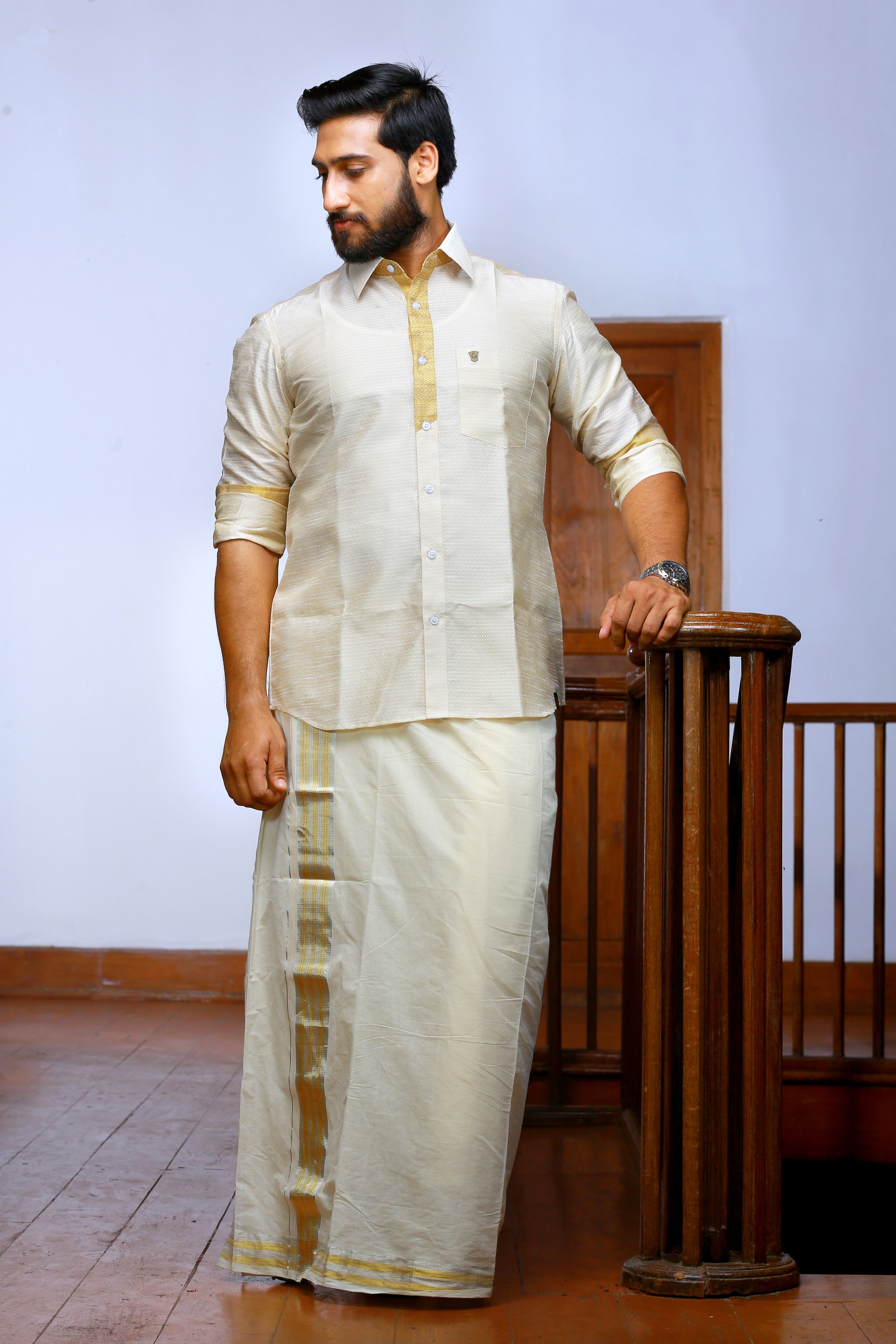 Off White Dotted Silk Cutaway Collar Shirt with Gold Zari Detailing (Shirt Only)