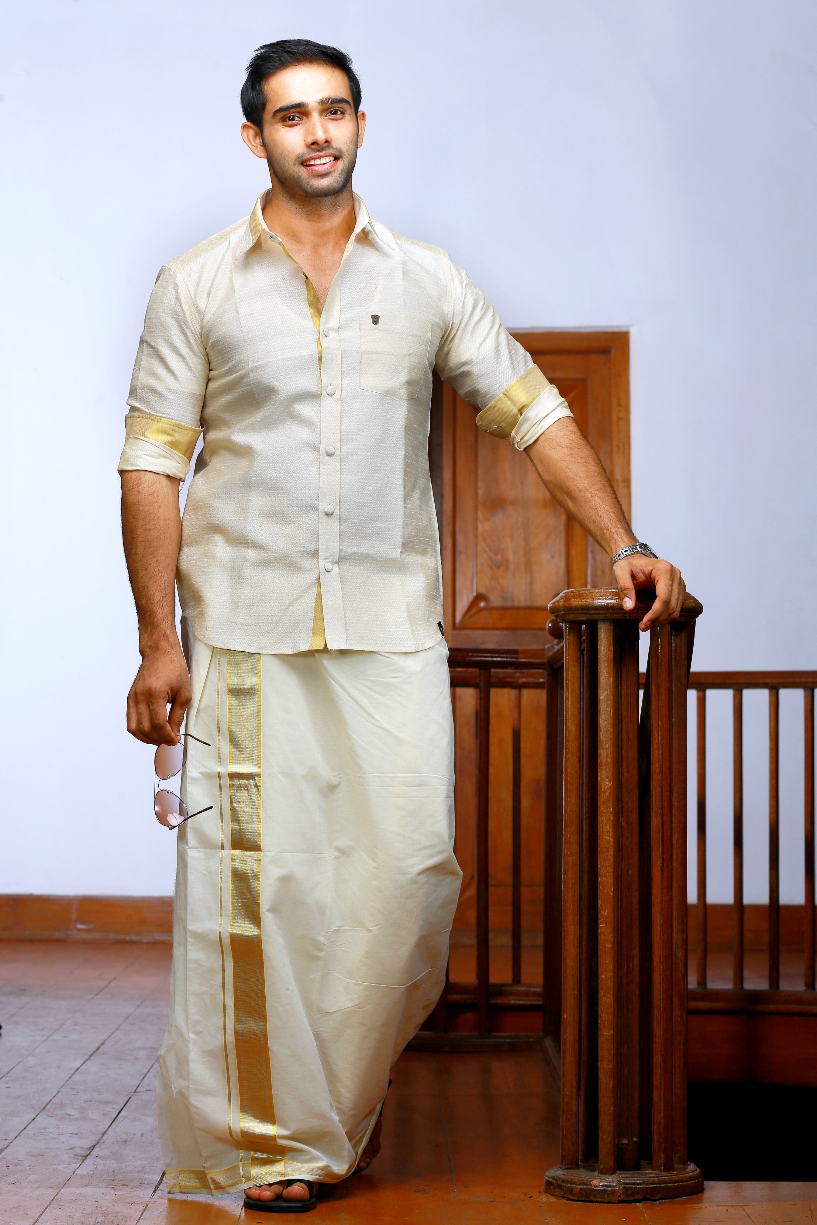 Off White Dotted Silk Cutaway Collar Shirt with Gold Zari Detailing (Shirt Only)
