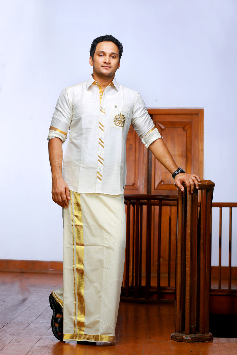 Off White Plain Silk Chinese Collar Shirt with Gold Zari Detailing & Hand Embroidery on Pocket  (Shirt Only)