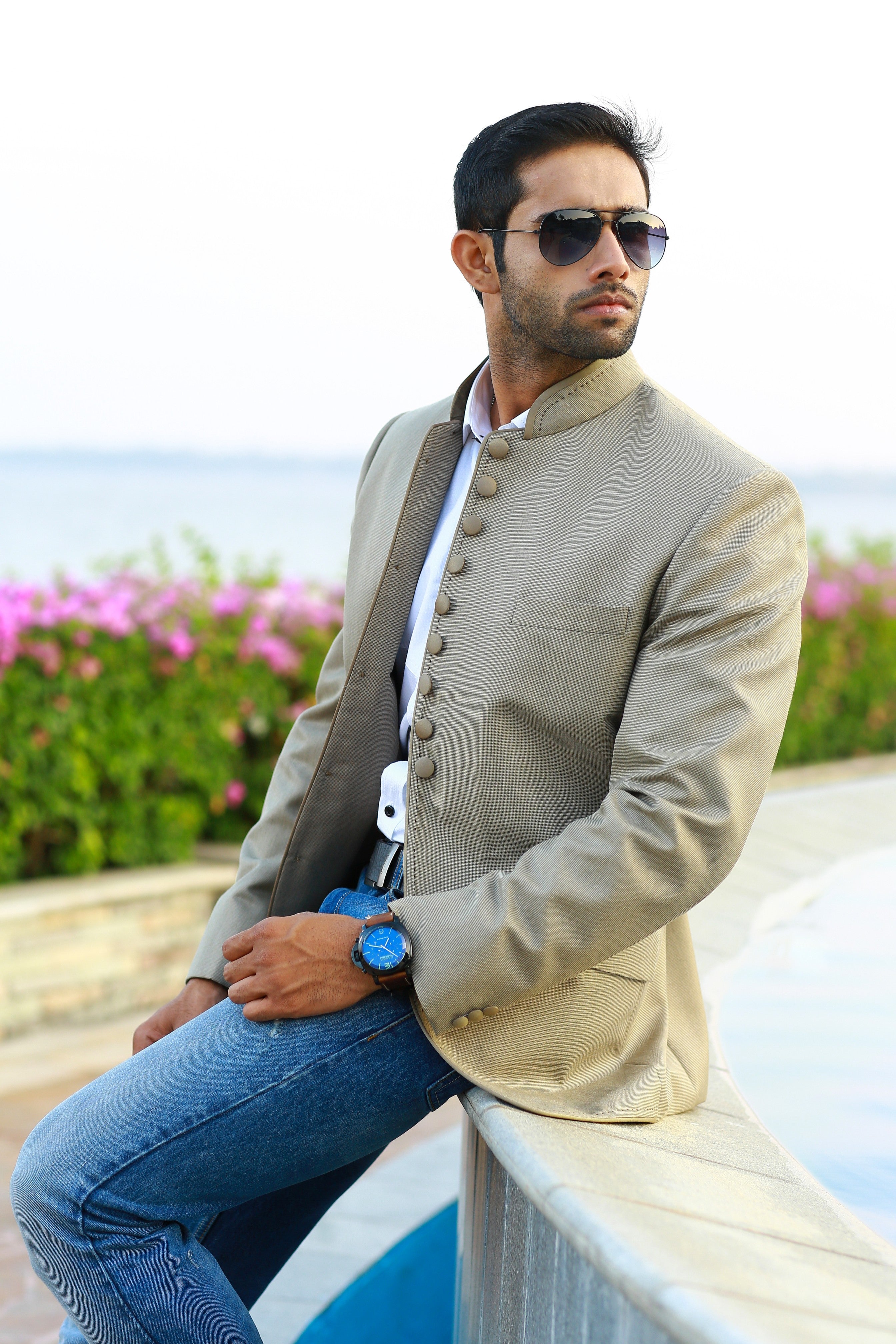 Ecru Beige Indo Western Bandhgala Suit with Stitch Detail (Only Jacket)