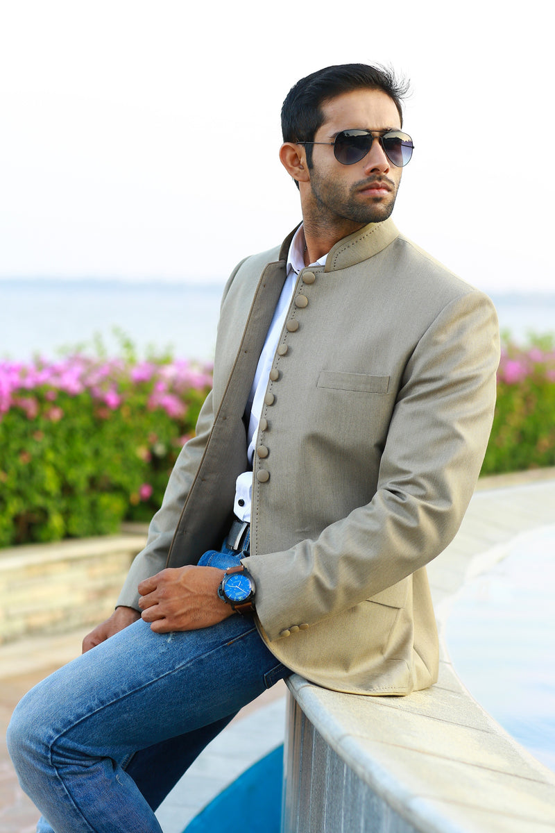 Maize Beige Plain-Solid Premium Cotton Bandhgala/Jodhpuri Suits for Men.
