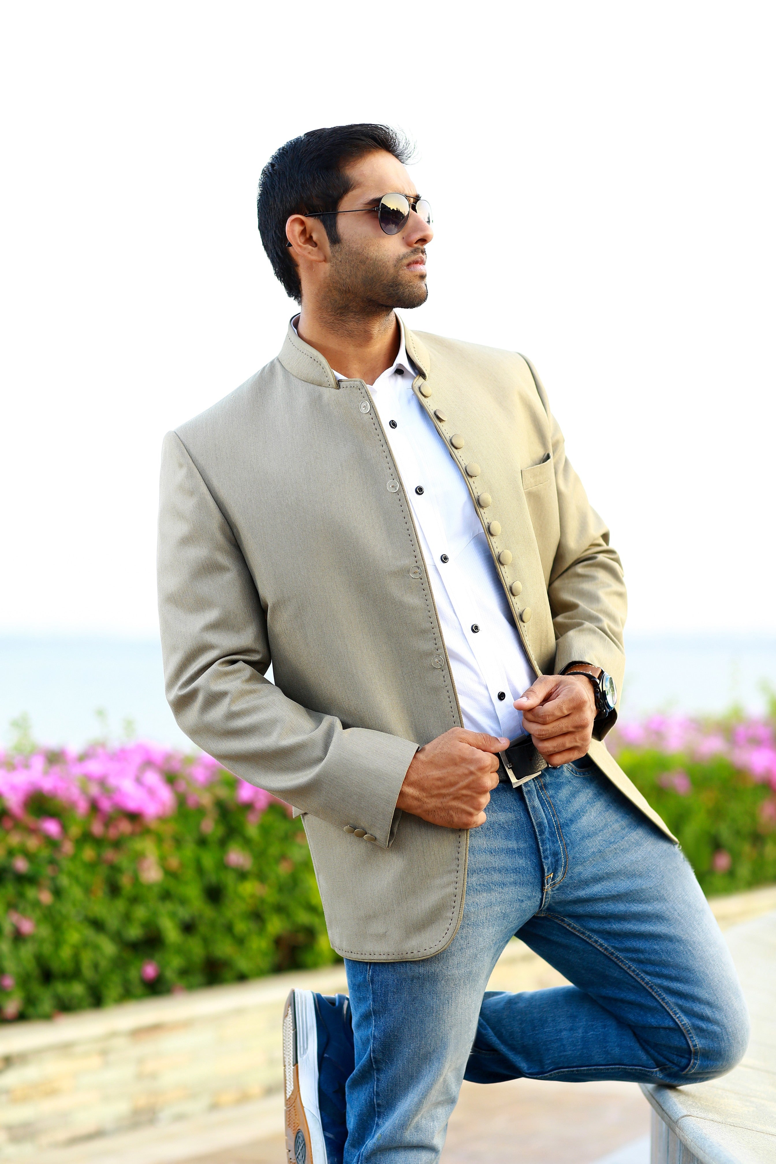 Ecru Beige Indo Western Bandhgala Suit with Stitch Detail (Only Jacket)