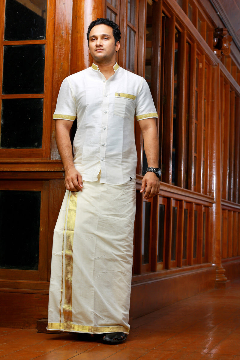 Off White Plain Silk Chinese Collar Shirt with Gold Zari Pleat Detailing (Shirt + Kasavu Munde )