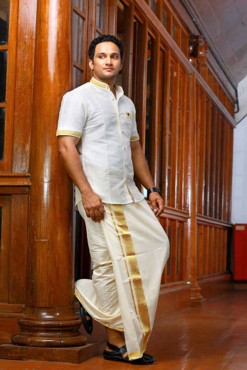 Buy Ivory White Traditional South Indian Kurta Pancha Set Online @Manyavar  - Kurta Pajama for Men