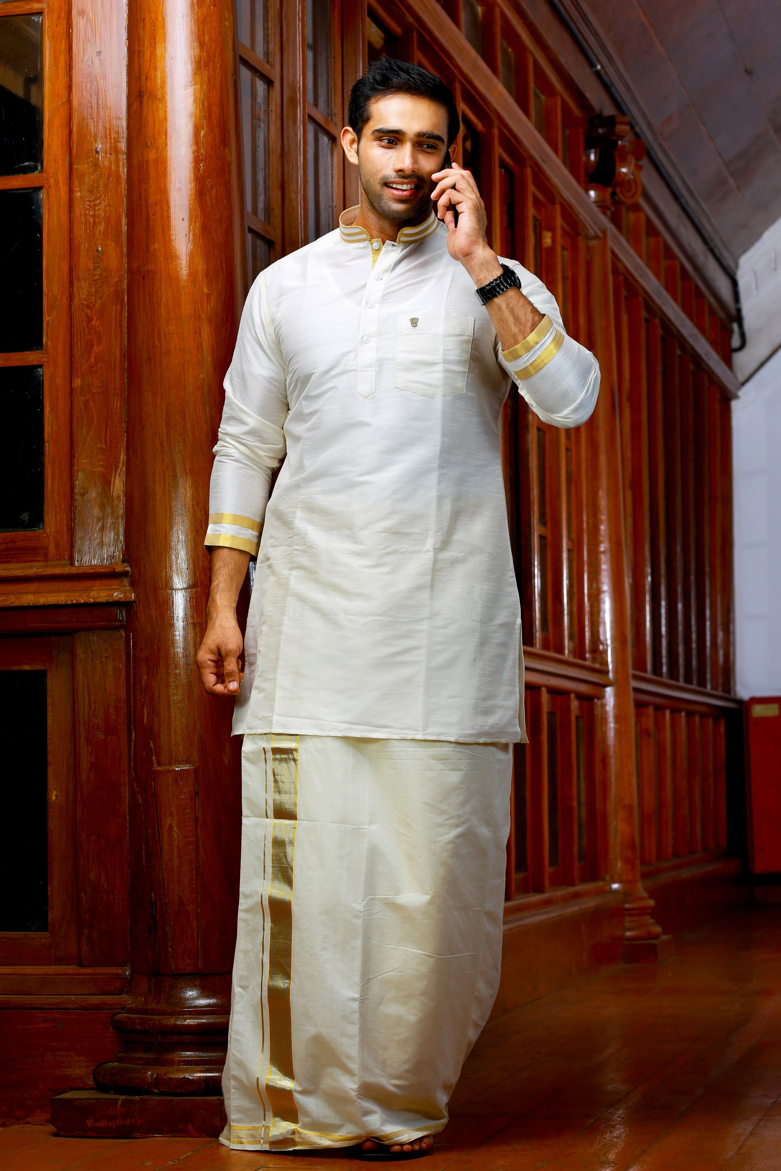 Off White Silk Kurta with Golden Zari Detailing on Neck & Sleeves  (Only Kurta)
