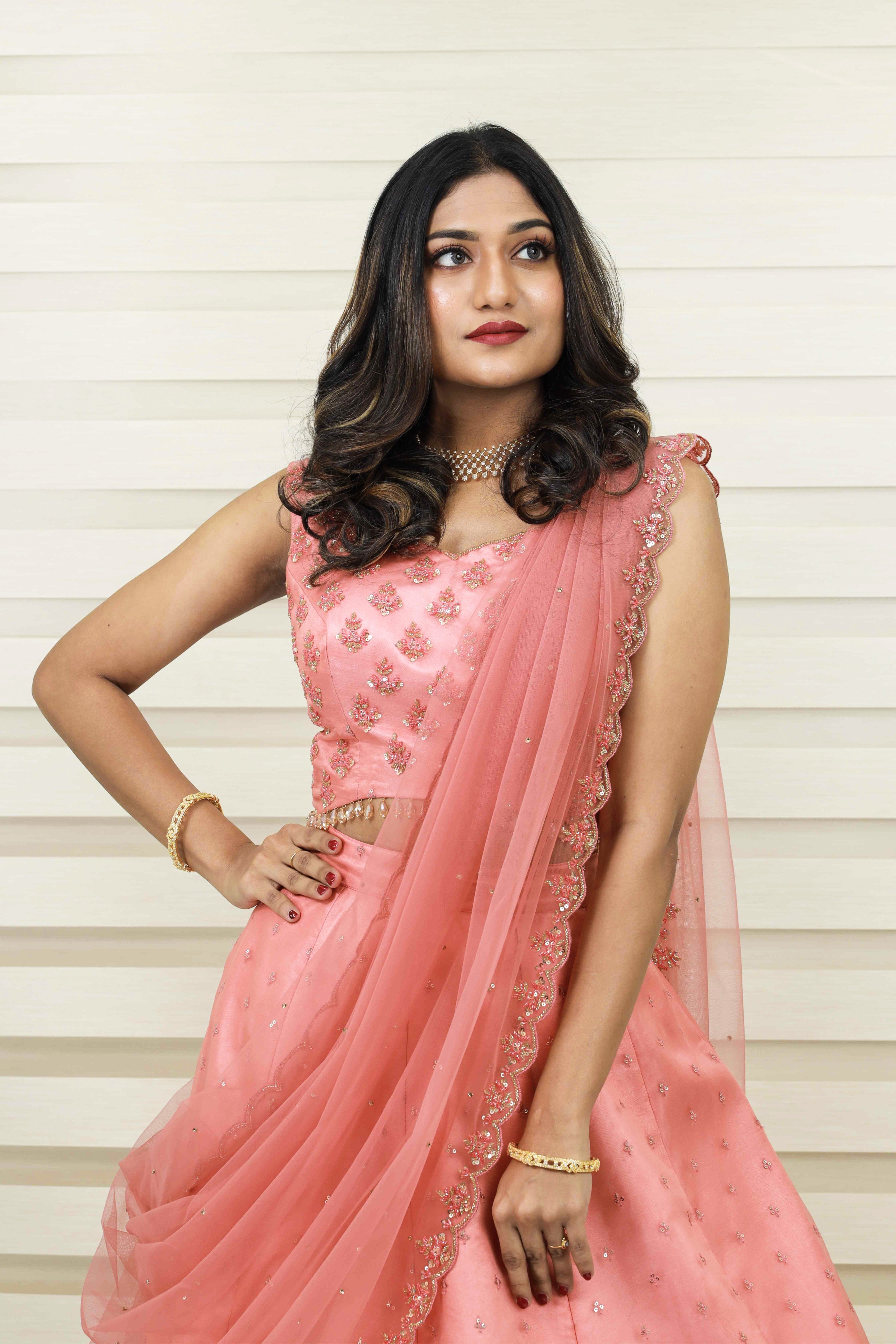 Peach Silk Organza Lehenga Detailed with Zardozi & Bead Hand Embroidery