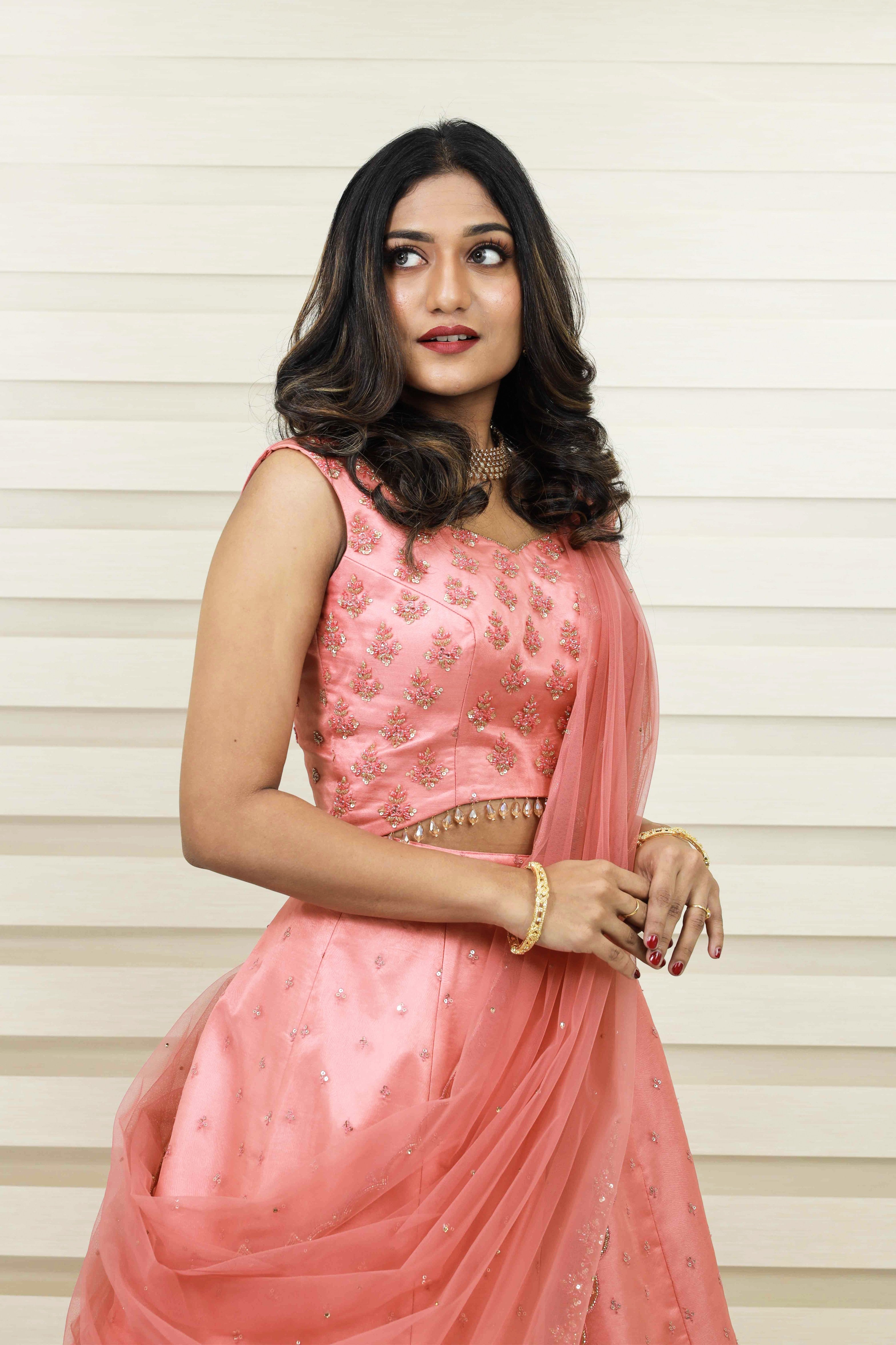Peach Silk Organza Lehenga Detailed with Zardozi & Bead Hand Embroidery