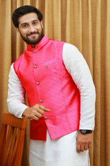 Hot Pink Brocade Nehru Jacket with White Kurta & White Bottom