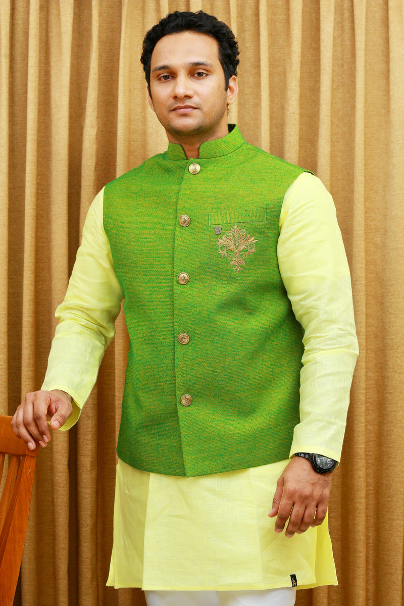 Lime Green Linen Nehru Jacket with Pastel Yellow Kurta & White Bottom