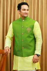 Lime Green Linen Nehru Jacket with Pastel Yellow Kurta & White Bottom
