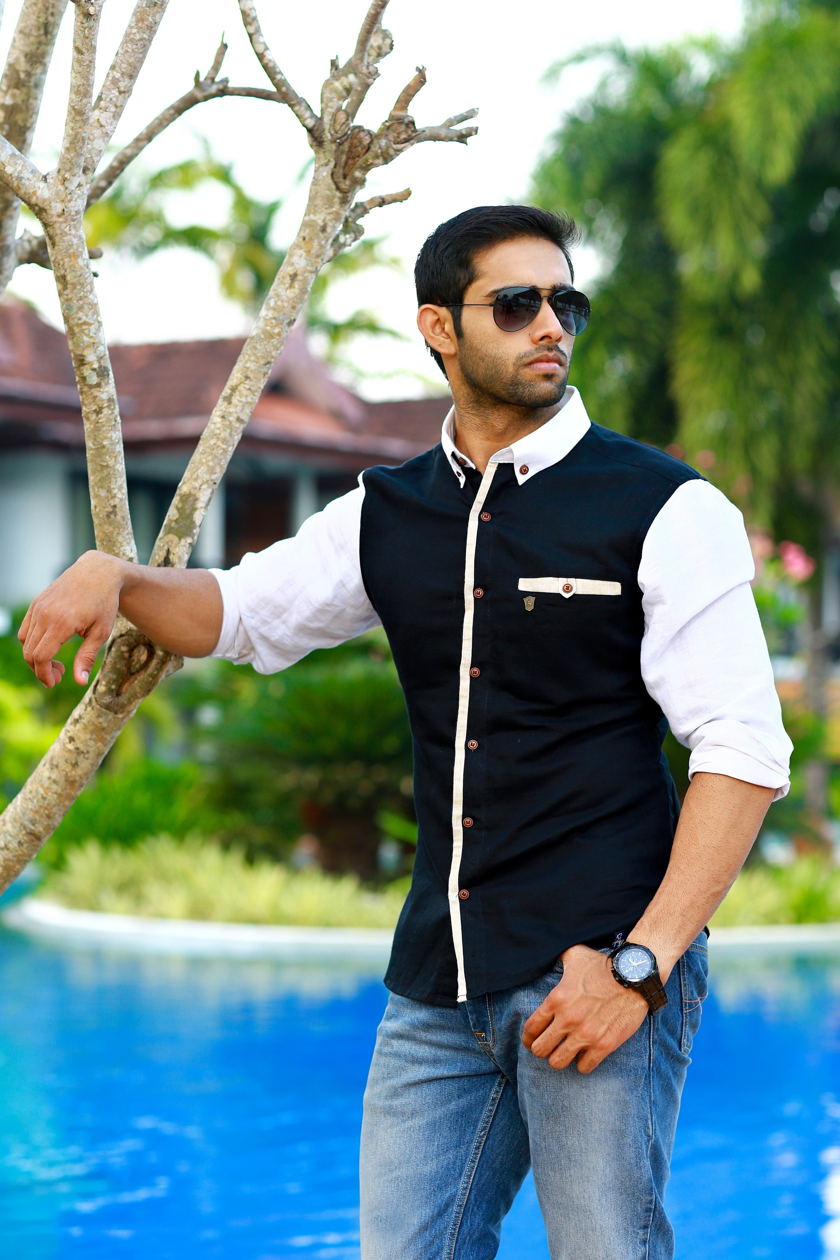 Dark Blue Linen Shirt with White & Cream Contrast Patterning on Sleeve, Neck & Placket (Only Shirt)