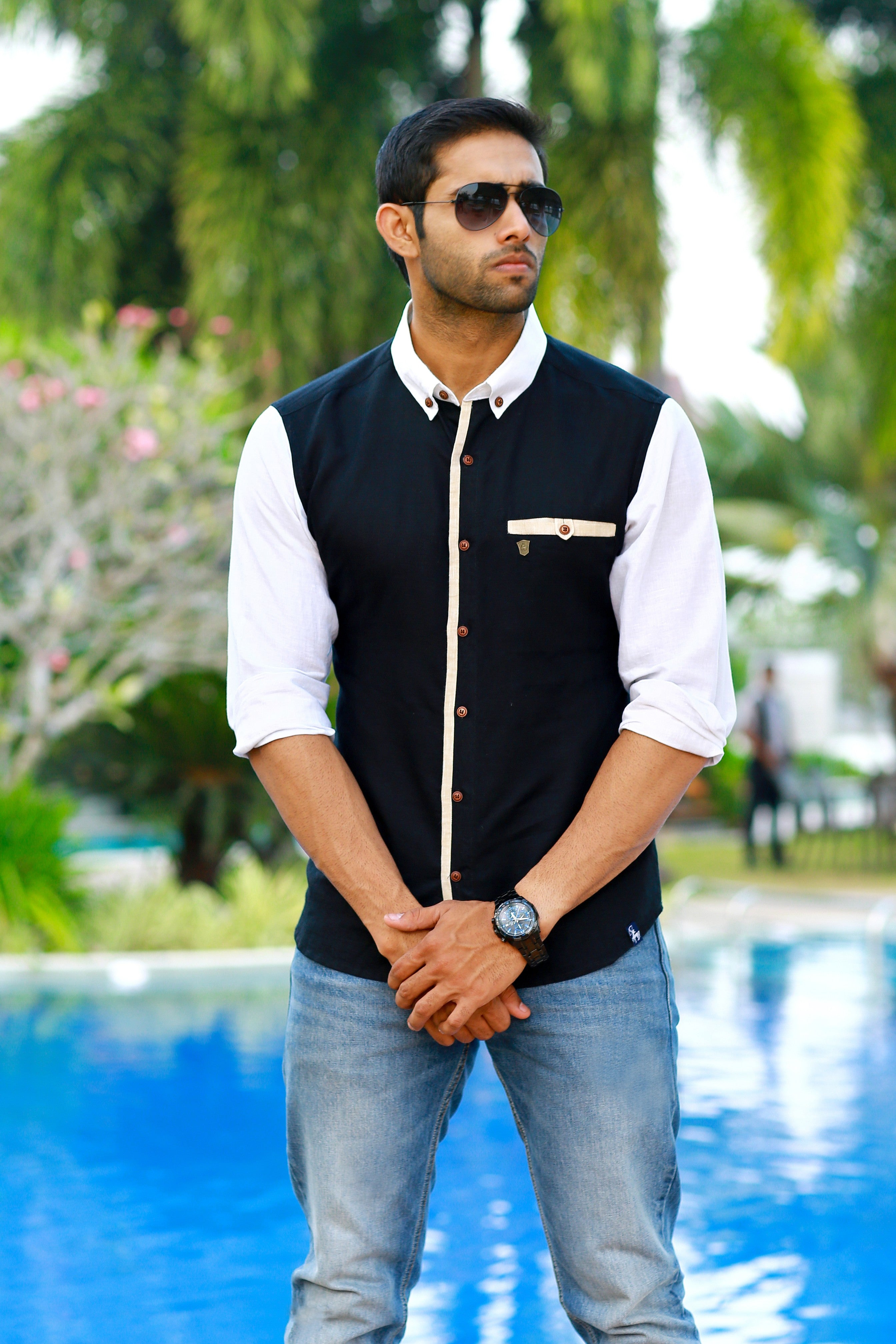 Dark Blue Linen Shirt with White & Cream Contrast Patterning on Sleeve, Neck & Placket (Only Shirt)