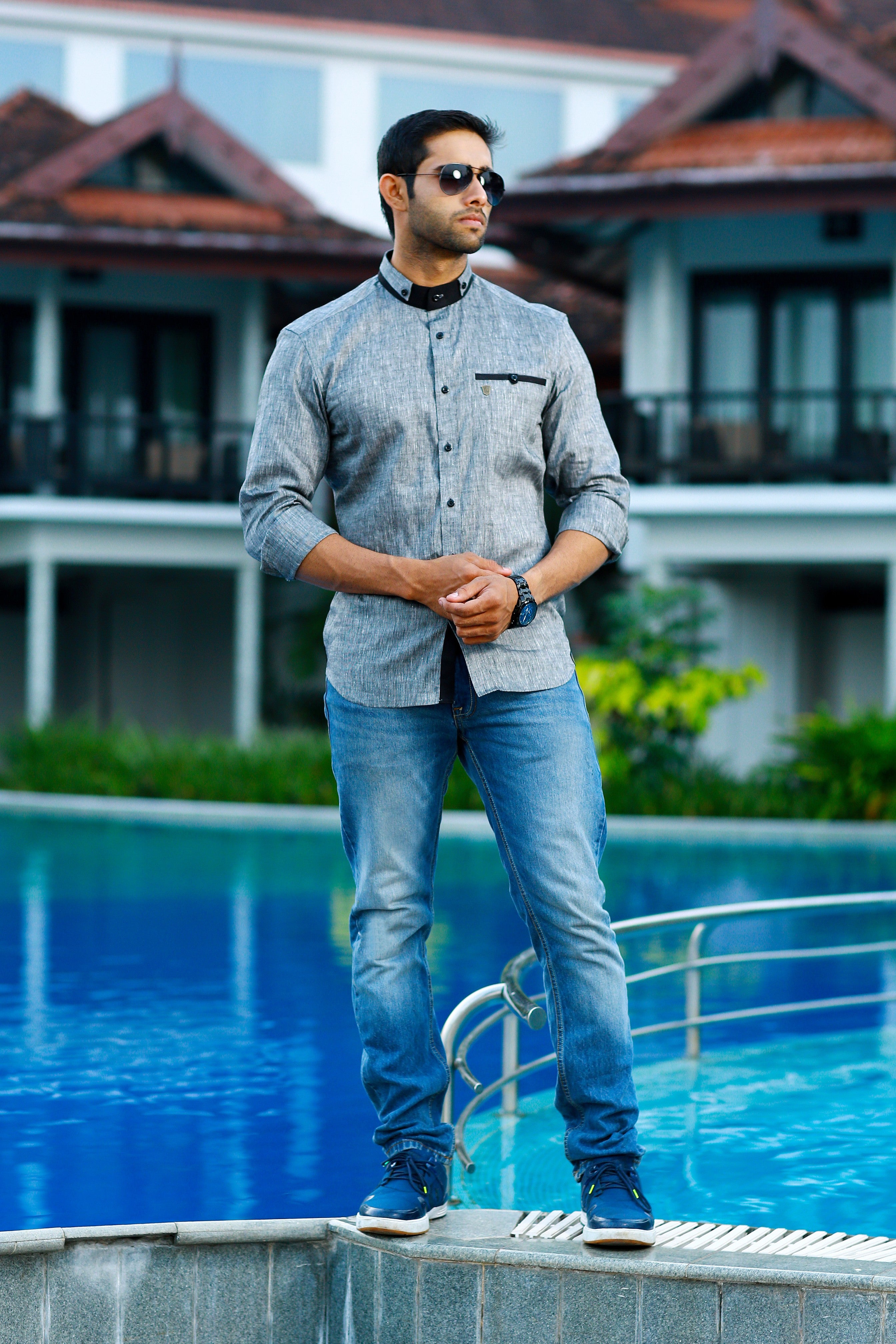Silver Grey Irish Linen Shirt with  Black Contrast on Neck & Pocket (Only Shirt)