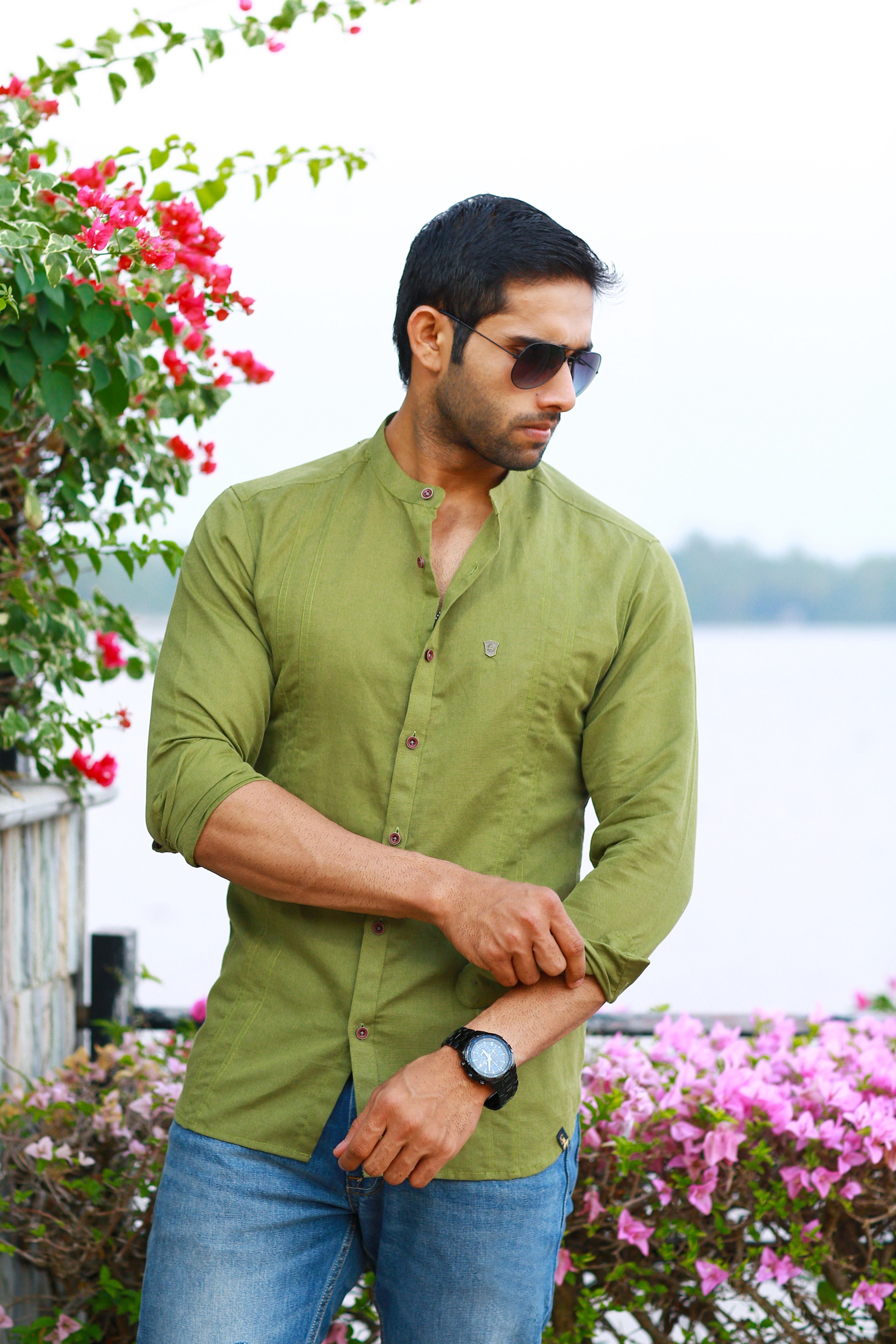Olive Green Chinese Collar Irish Linen Collar Shirt (Only Shirt)
