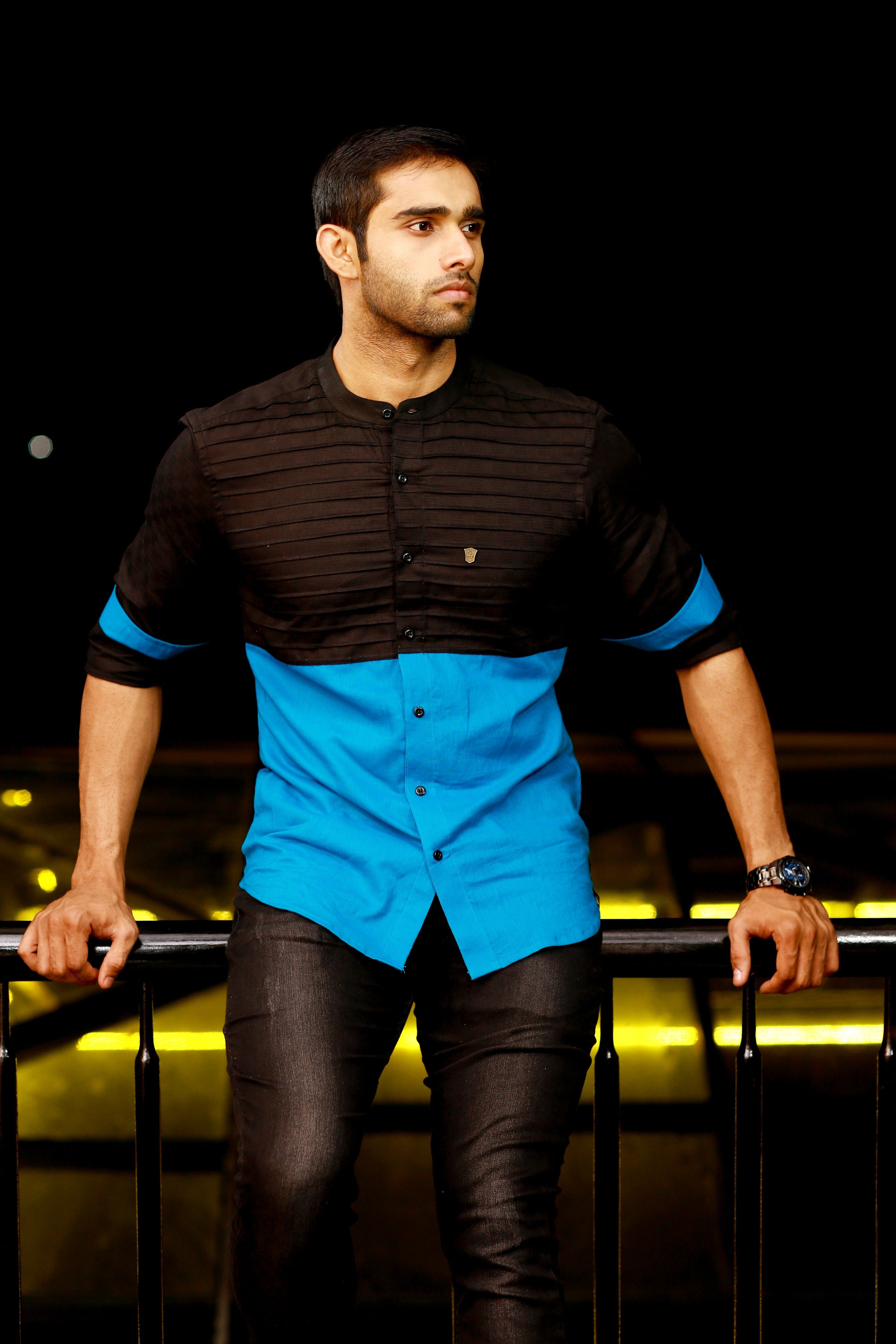Jet Black Irish Linen Shirt with contrast pattern Detailing in  Azure Blue  (Only Shirt)