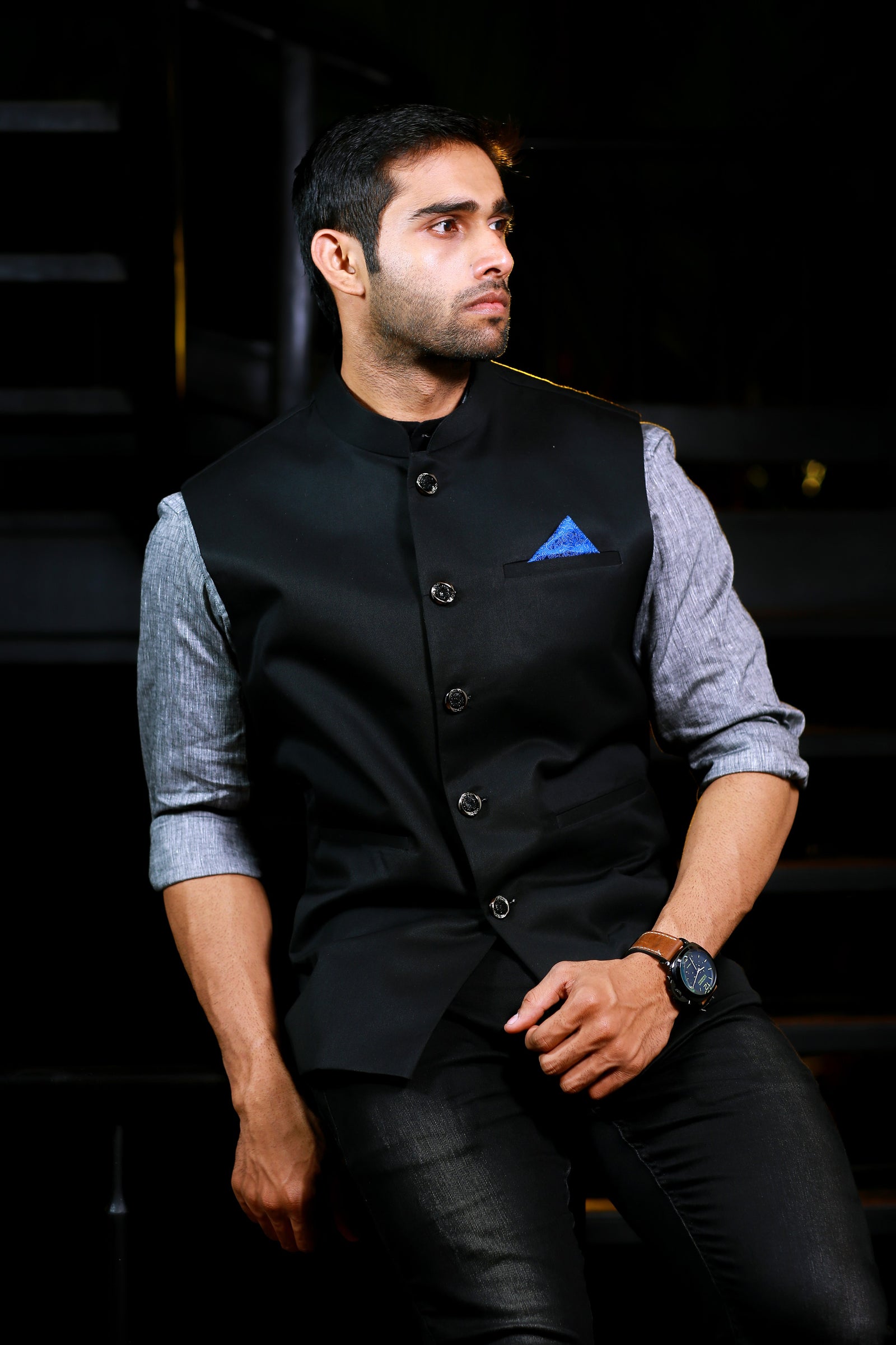 Grey Linen Shirt with Black Suiting Nehru Jacket Set archerslounge