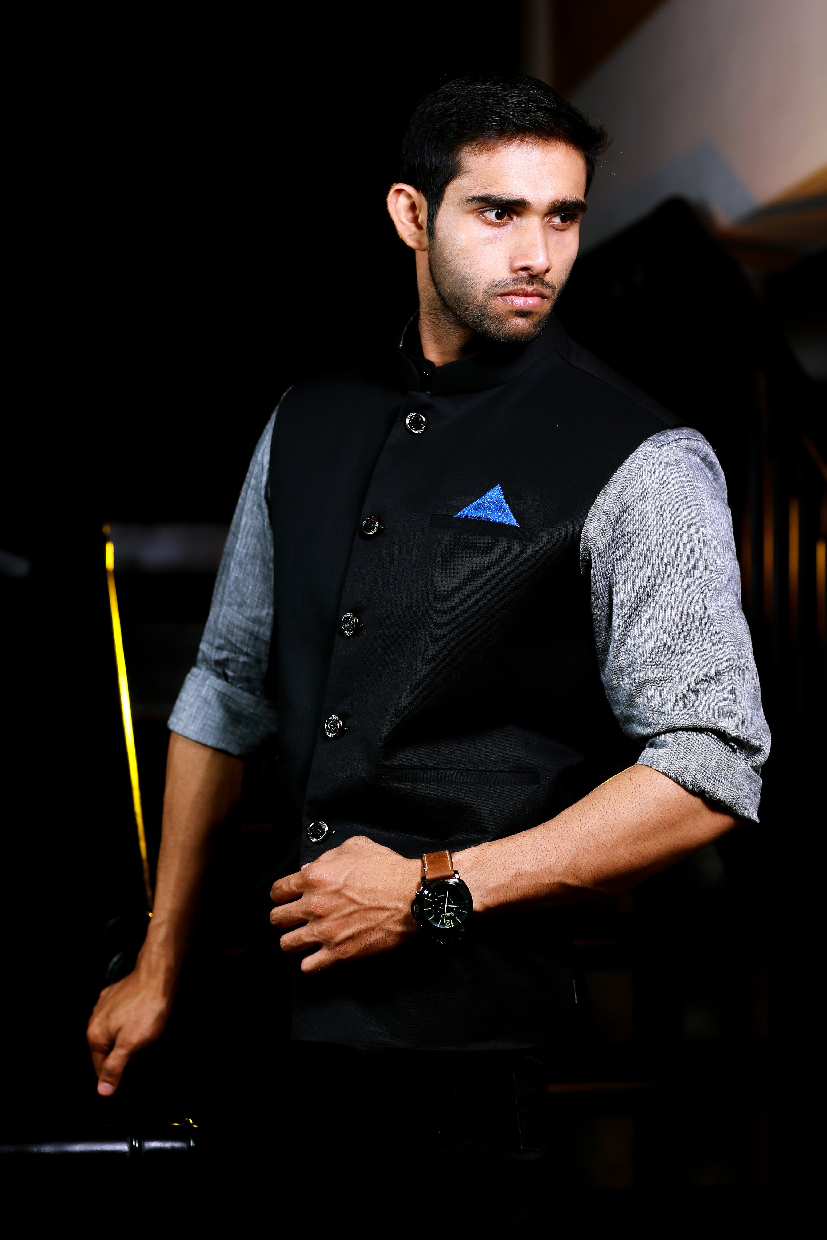 Grey Linen Shirt with Black Suiting  Nehru Jacket Set